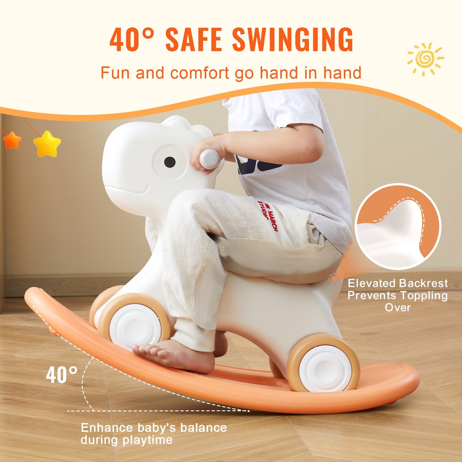 VEVOR 3 in 1 Rocking Horse for Toddlers 1-3 Years, Baby Rocking Horse with Detachable Balance Board and 4 Smooth Wheels, Support up to 80 lbs HDPE Material Kids Ride on Toy, Swinging, Orange