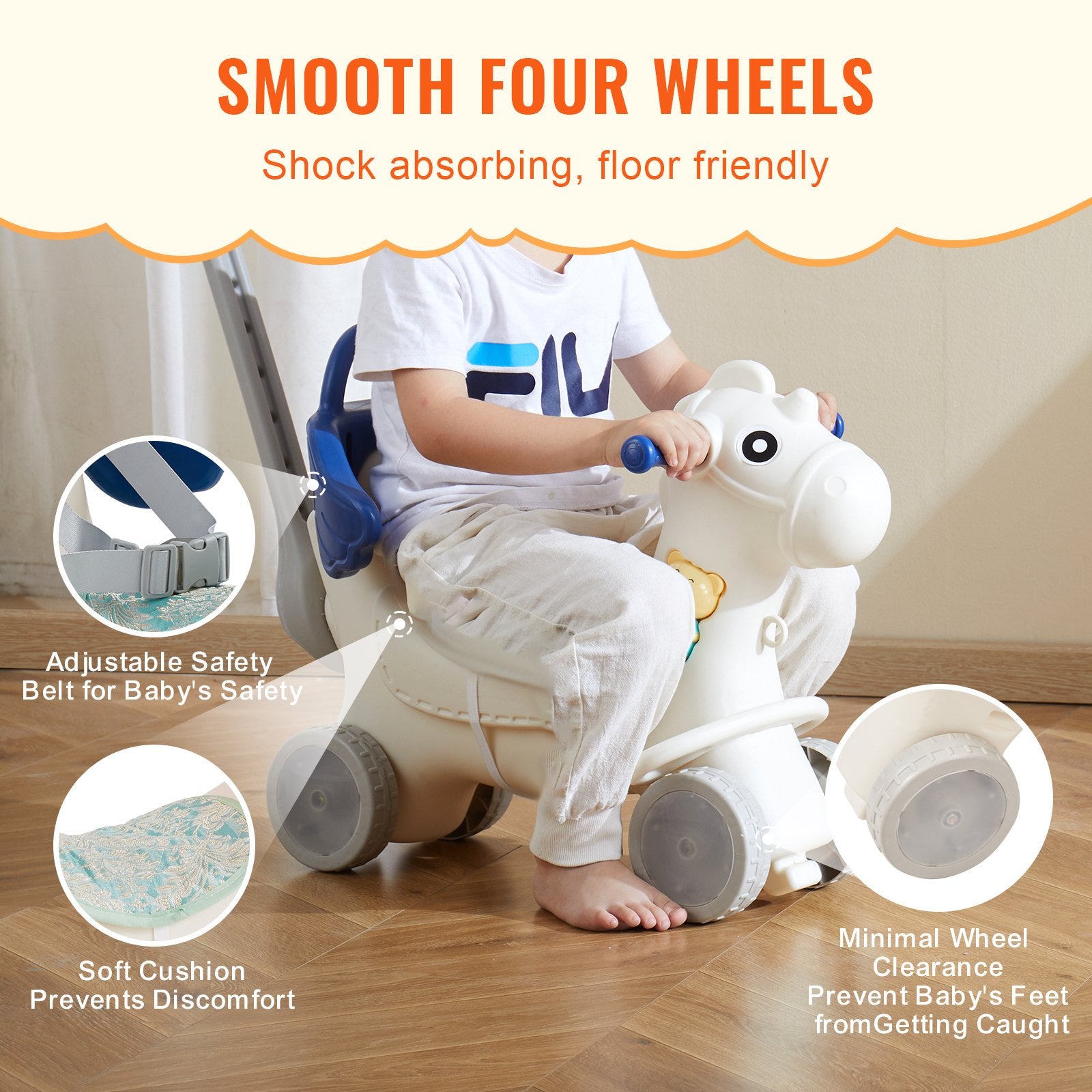 VEVOR 4 in 1 Rocking Horse for Toddlers 1-3 Years, Baby Rocking Horse with Detachable Balance Board, Push Handle and 4 Smooth Wheels, Support up to 80 lbs HDPE Kids Ride on Toy with Sound, Blue