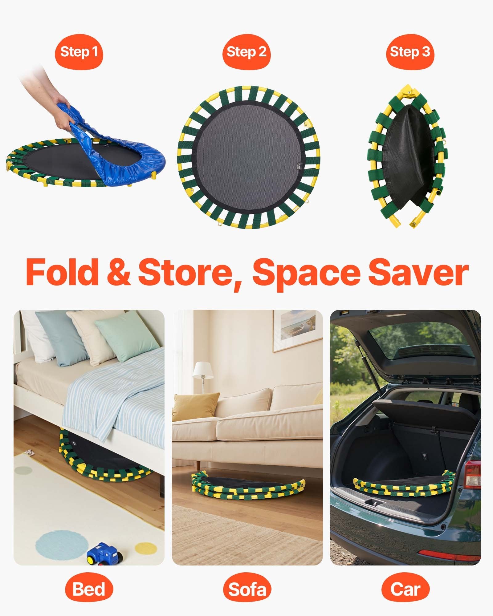 VEVOR 3FT Trampoline for Kids, 92 cm Trampolines Indoor/Outdoor Trampoline for Toddlers, Foldable Mini Baby Trampoline with Foam Handle, Recreational Trampoline Birthday Gift for 3+ Years Kids