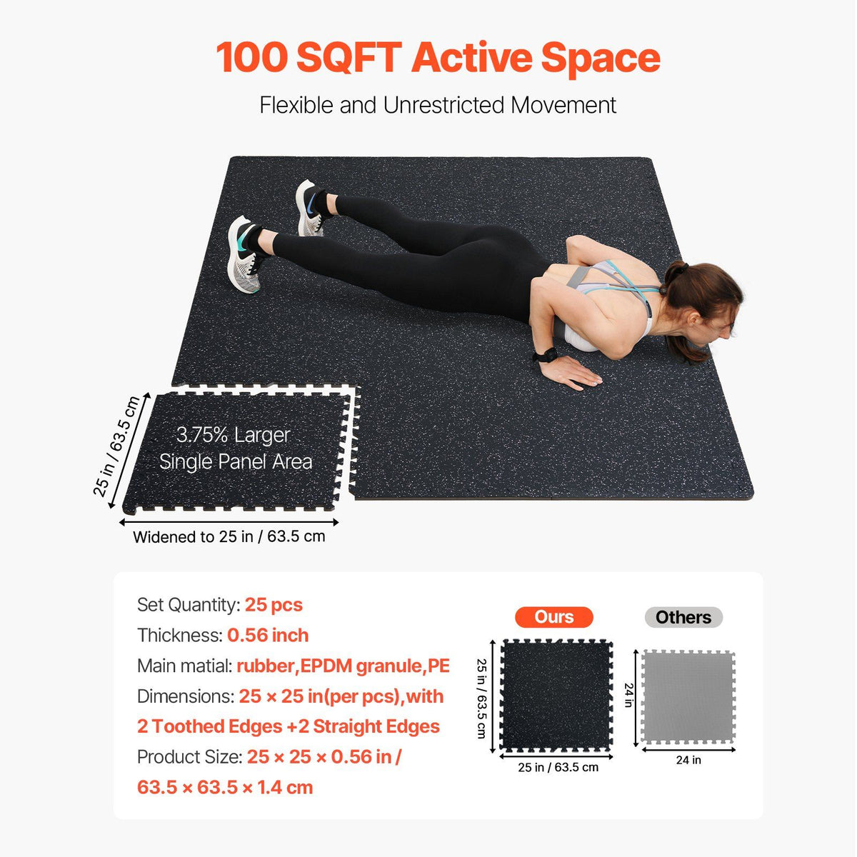 0.56 Inch Thick Gym Floor Mats, 25 Tiles Rubber Top with EVA Foam, 25" x 25" Gym Flooring Workout Mats with 100sq.ft Coverage, Interlocking Puzzle Gym Mats for Gym, Home, Garage, Black & White