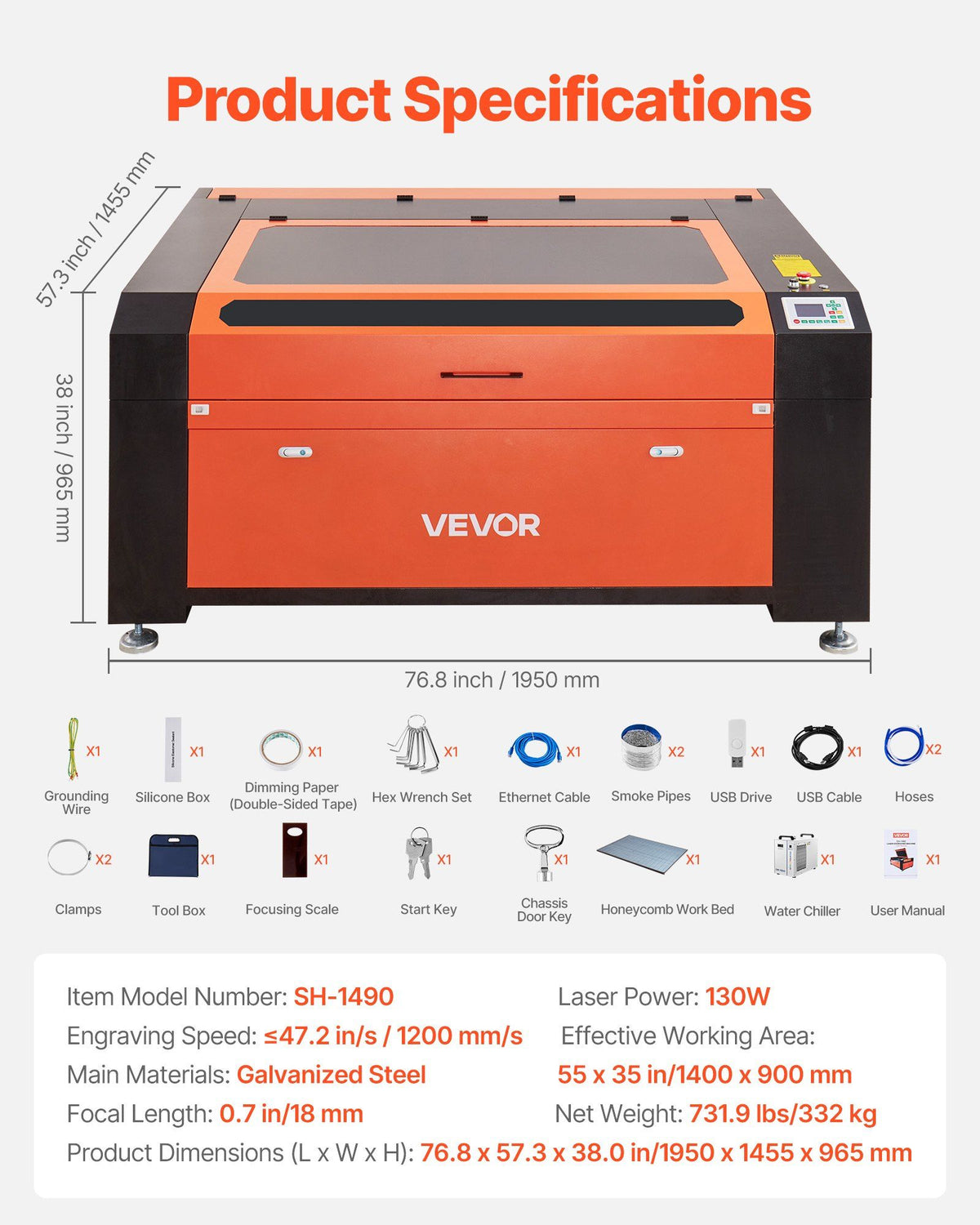 130W CO2 Laser Engraver, 1400 x 900 mm, CO2 Laser Engraver Cutter Machine with Water Chiller, 2 Way Pass Air Assist, 1200 mm/s Speed, Autofocus Engraving Cutting Machine, for Wood Acrylic Glass