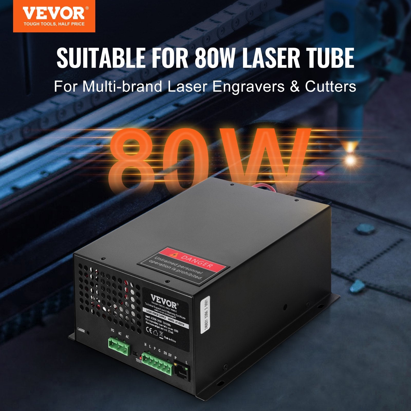 VEVOR CO2 Laser Power Supply, 80W, Power Supply for 80W Laser Tube, Constant Current Protection, Open Circuit Protection, Fast Heat Dissipation, Compatible for Multi-brand Laser Engravers & Cutters