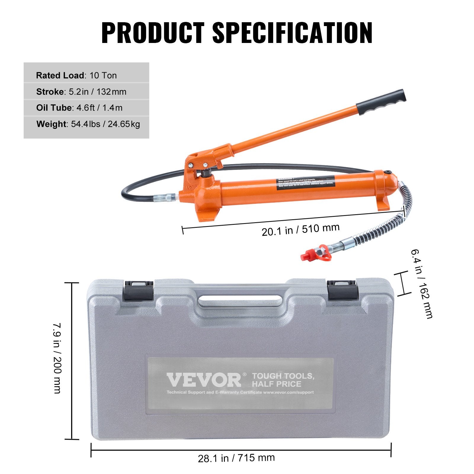 VEVOR 10 Ton Porta Power Kit, Portable Hydraulic Jack with 4.6 ft/1.4 m Oil Hose, Auto Body Frame Repair Kit with Storage Case for Car Repair, Truck, Farm