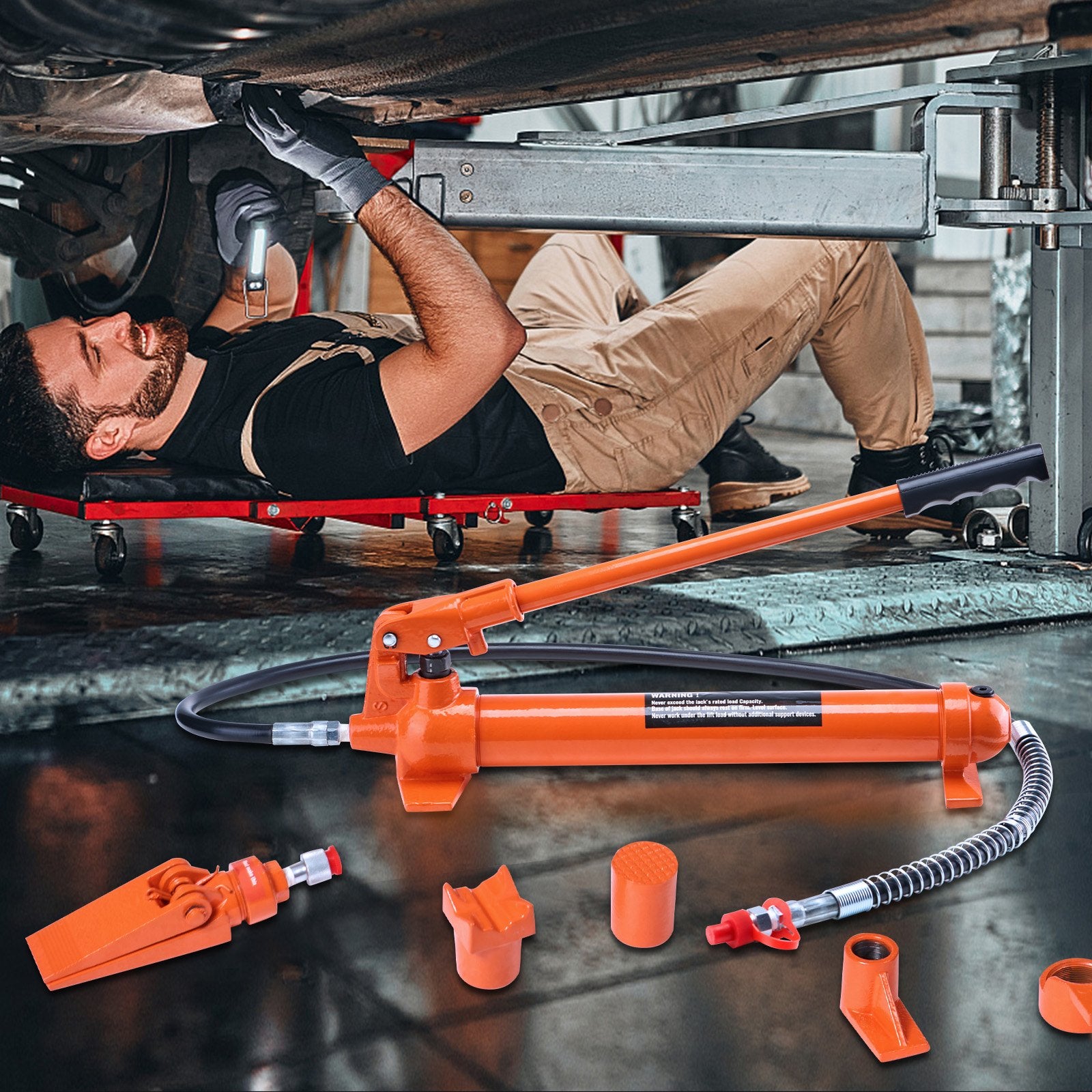 VEVOR 10 Ton Porta Power Kit, Portable Hydraulic Jack with 4.6 ft/1.4 m Oil Hose, Auto Body Frame Repair Kit with Storage Case for Car Repair, Truck, Farm