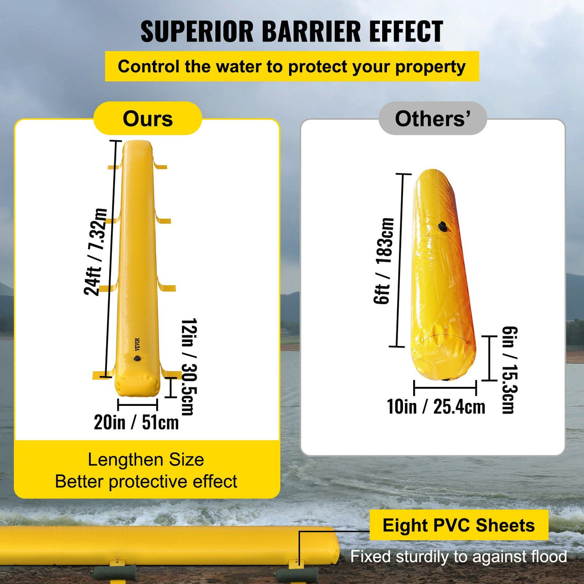 VEVOR Flood Barrier Hydro Barrier 24' Length x 12