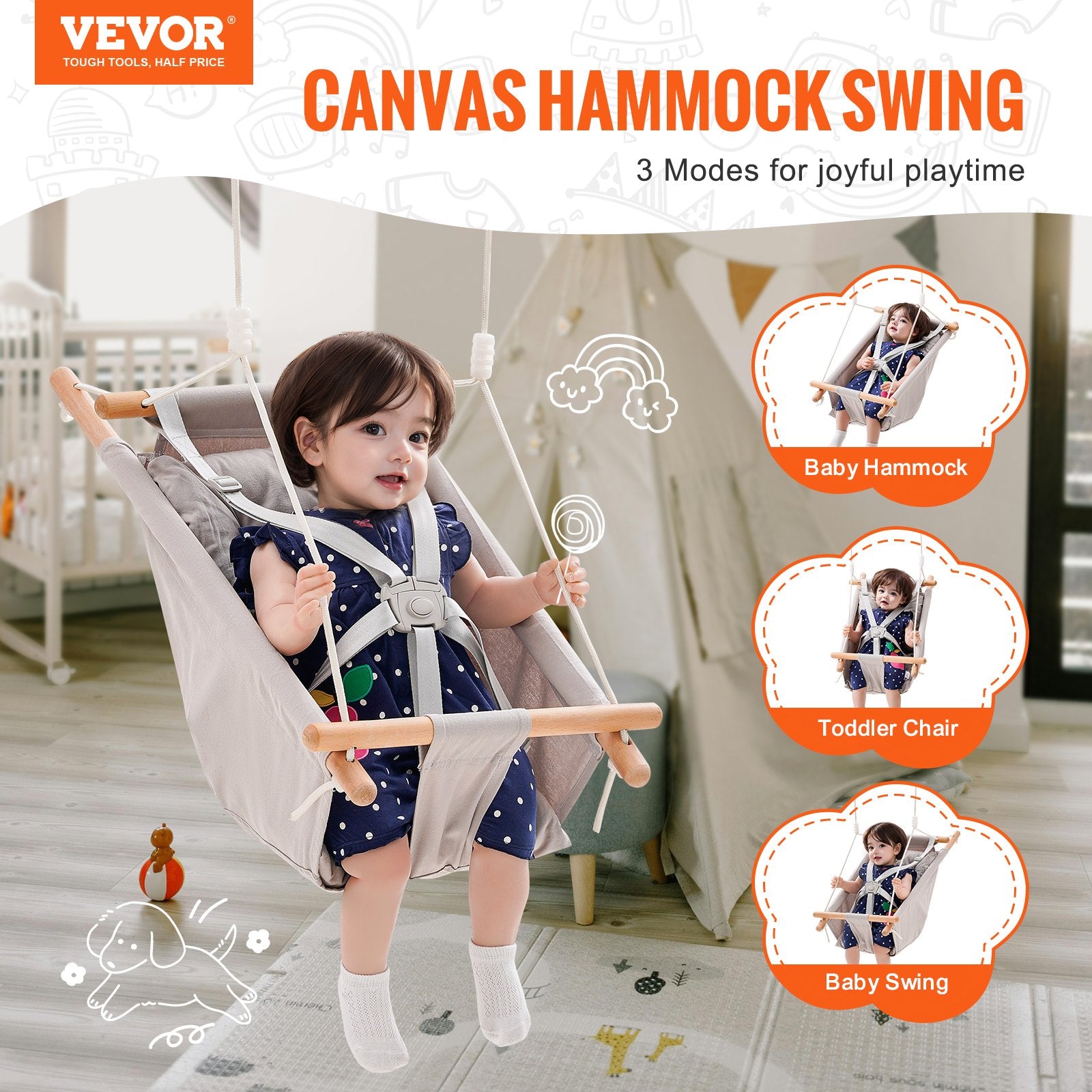 VEVOR Canvas Hammock Swing, 3 Modes Baby Swing Indoor and Outdoor with 5-Point Harness,  and Tree Straps, 150lbs Weight Capacity, Integrated Cushion, Wooden Hanging Swing Seat for Baby to Toddler