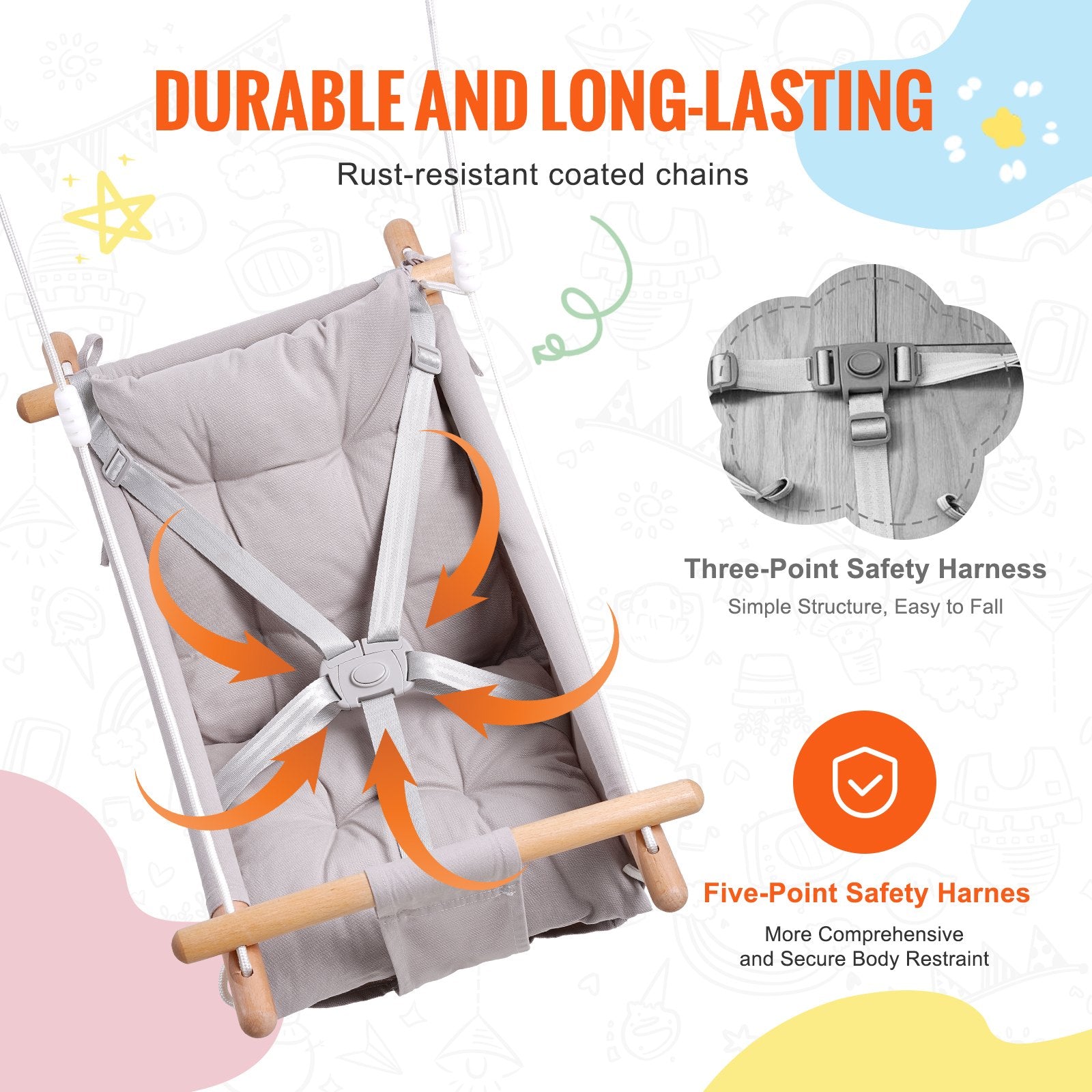 VEVOR Canvas Hammock Swing, 3 Modes Baby Swing Indoor and Outdoor with 5-Point Harness,  and Tree Straps, 150lbs Weight Capacity, Integrated Cushion, Wooden Hanging Swing Seat for Baby to Toddler