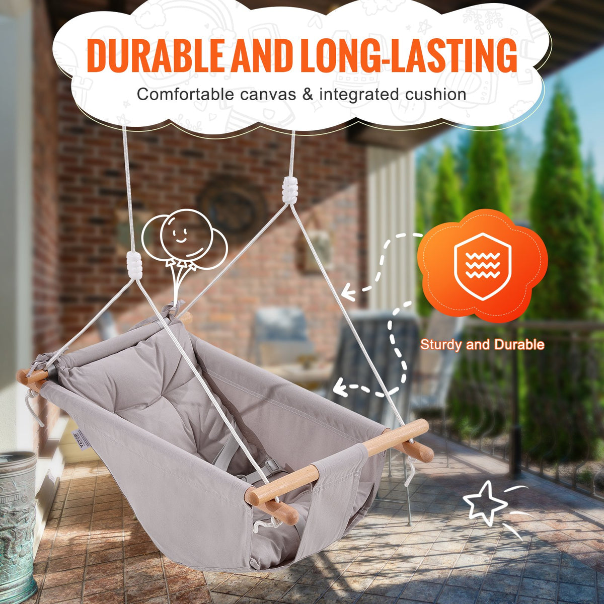 VEVOR Canvas Hammock Swing, 3 Modes Baby Swing Indoor and Outdoor with 5-Point Harness,  and Tree Straps, 150lbs Weight Capacity, Integrated Cushion, Wooden Hanging Swing Seat for Baby to Toddler