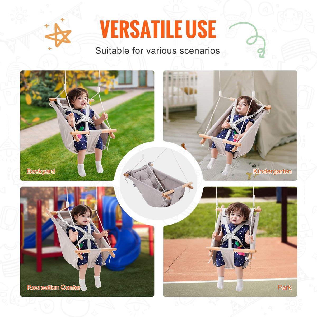 VEVOR Canvas Hammock Swing, 3 Modes Baby Swing Indoor and Outdoor with 5-Point Harness,  and Tree Straps, 150lbs Weight Capacity, Integrated Cushion, Wooden Hanging Swing Seat for Baby to Toddler