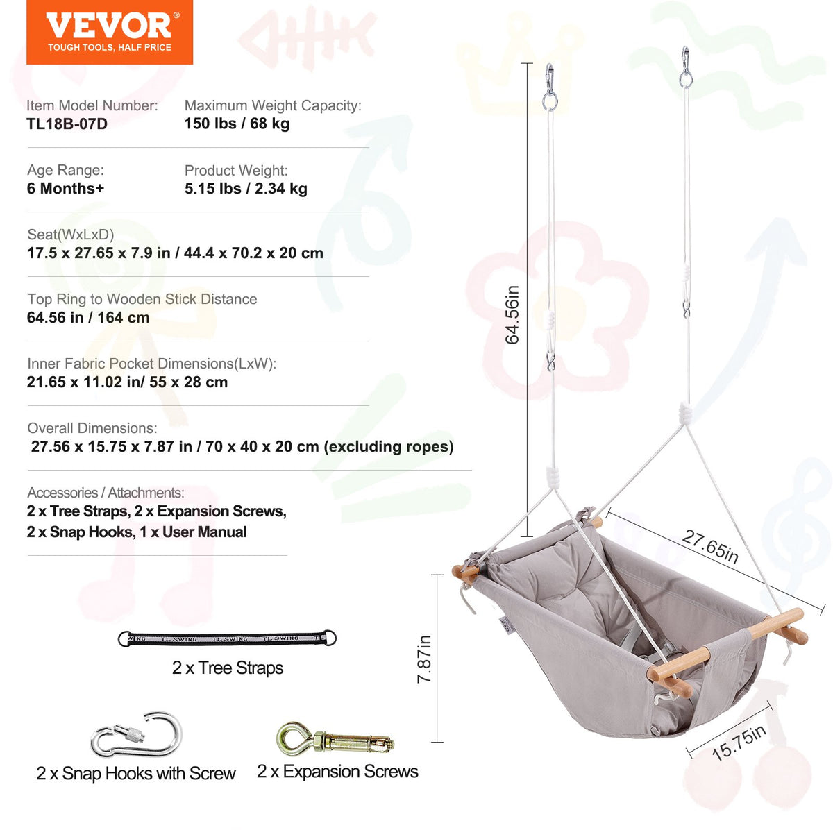 VEVOR Canvas Hammock Swing, 3 Modes Baby Swing Indoor and Outdoor with 5-Point Harness,  and Tree Straps, 150lbs Weight Capacity, Integrated Cushion, Wooden Hanging Swing Seat for Baby to Toddler