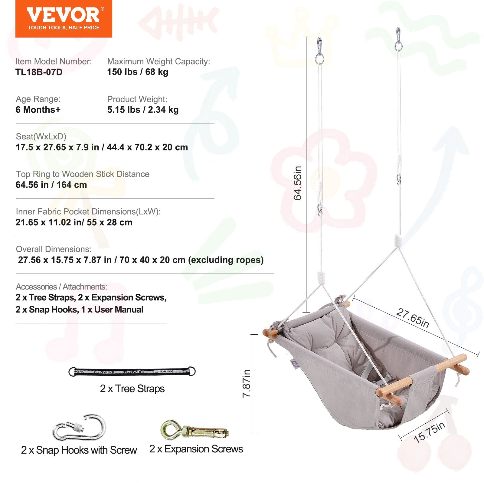 VEVOR Canvas Hammock Swing, 3 Modes Baby Swing Indoor and Outdoor with 5-Point Harness,  and Tree Straps, 150lbs Weight Capacity, Integrated Cushion, Wooden Hanging Swing Seat for Baby to Toddler