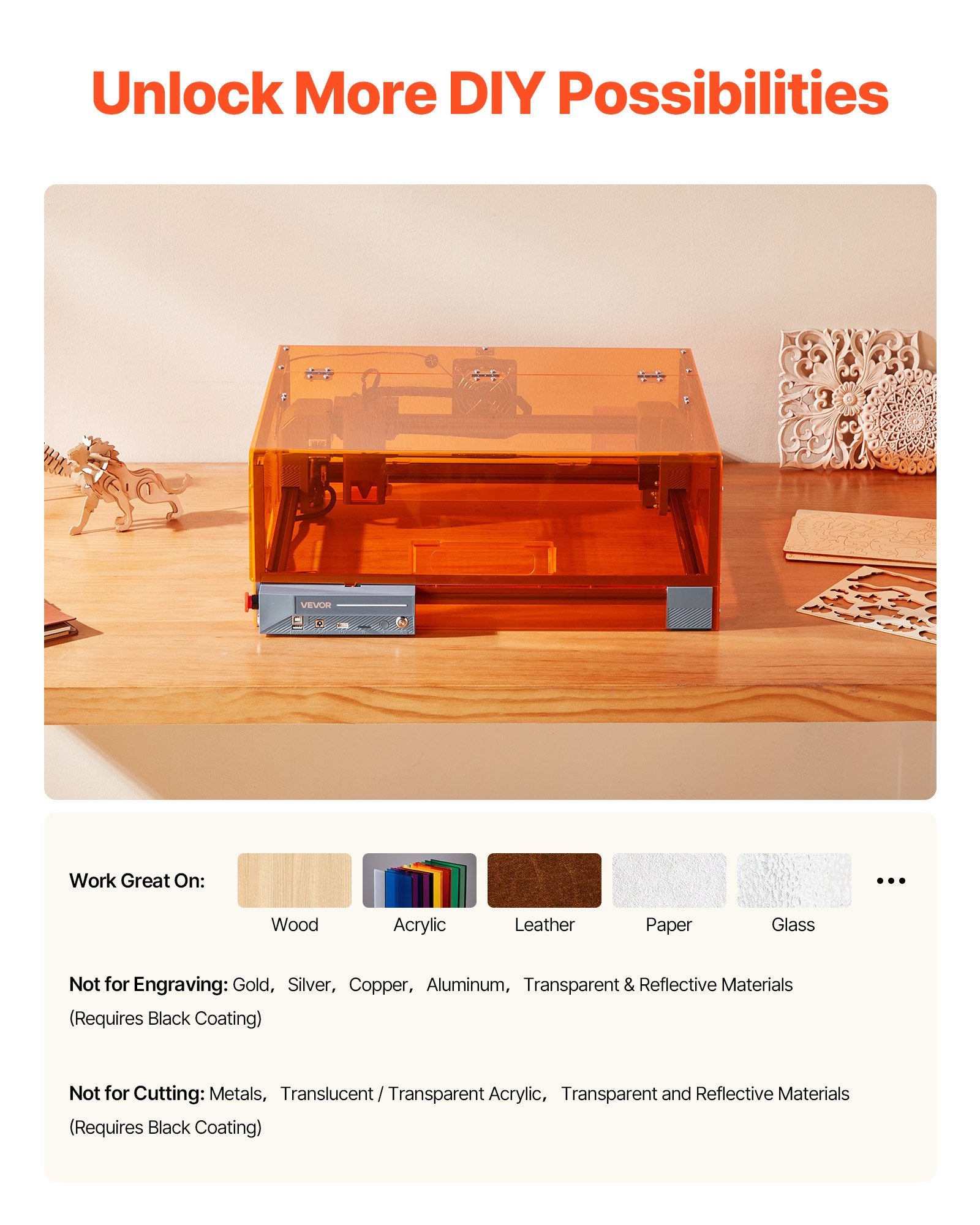 VEVOR Laser Engraver, 20W, Laser Engraving and Cutting Machine with Enclosure, Laser Cutter Engraver Machine, 7000 mm/min, 300 x 300 mm Working Area, for Wood, Leather, Glass, Certain Metal, Class 1