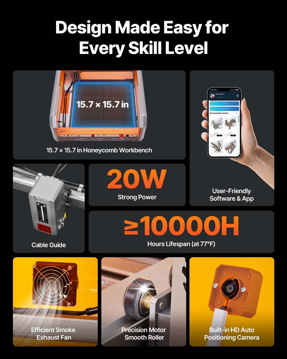 VEVOR Laser Engraver, 20W, Laser Engraving and Cutting Machine with Enclosure Camera, Laser Cutter, 400 x 400 mm Working Area, 30000 mm/min, for Wood, Leather, Glass, Paper, Certain Metal, Class 1