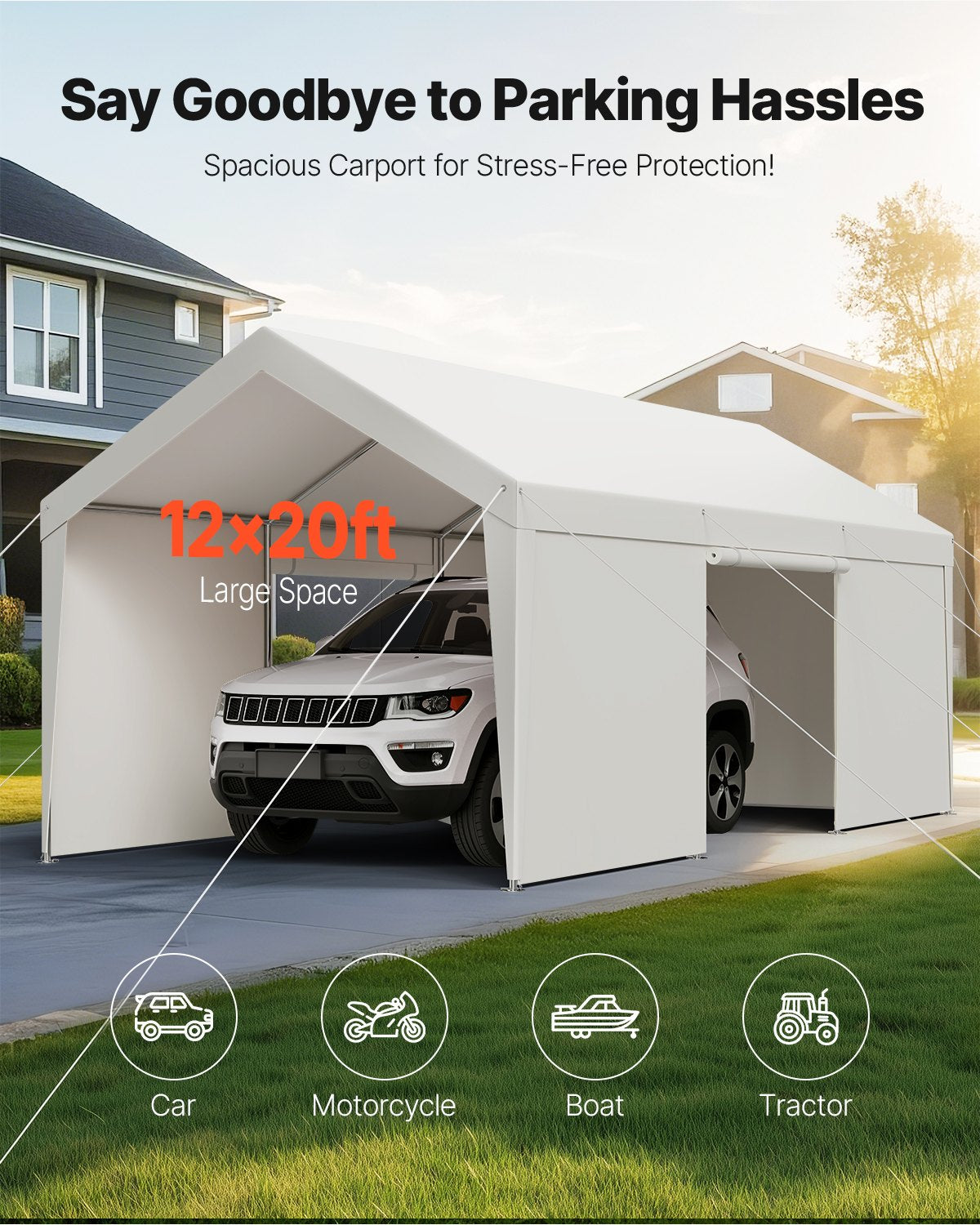 VEVOR Carport Car Canopy 12x20FT Heavy Duty Car Shelter with Sidewalls Grey