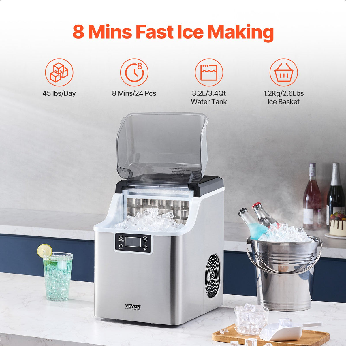 VEVOR Portable Countertop Ice Maker 45Lbs/24H Self-Cleaning with Scoop Basket