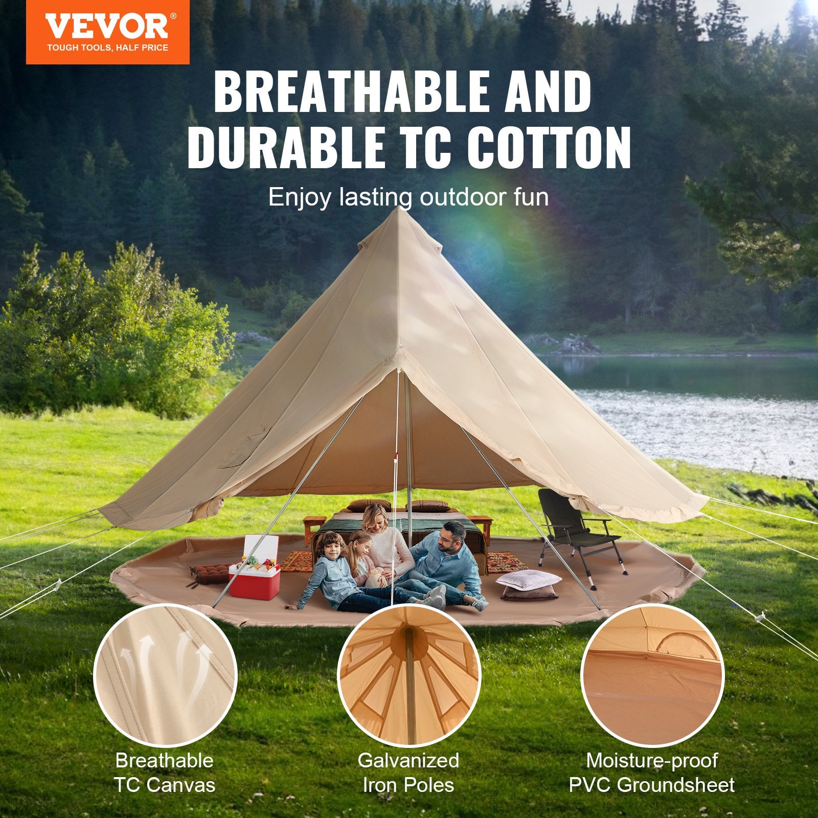 VEVOR Canvas Bell Tent 4m/13.12ft 4-Season Camping Yurt Tent with Stove Jack