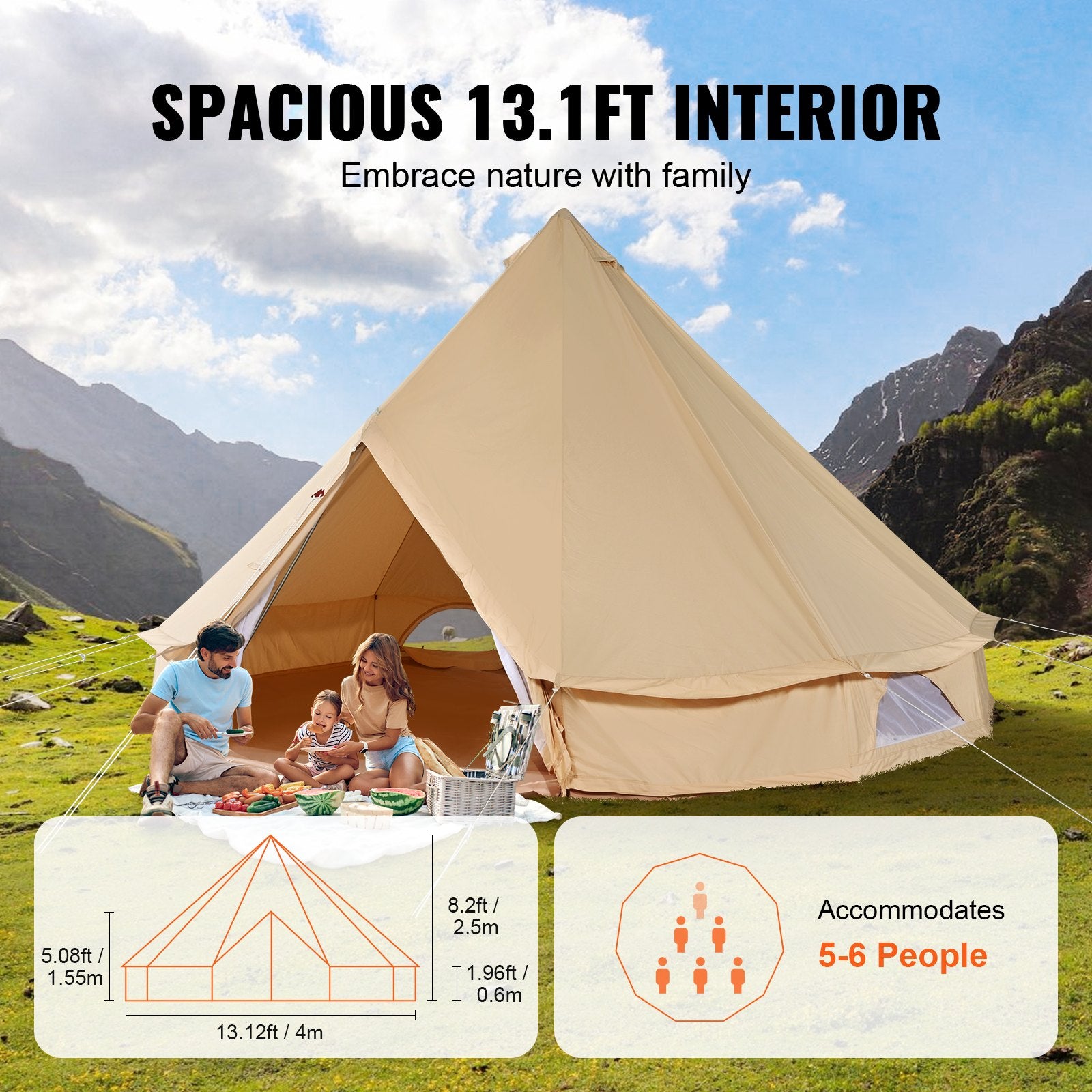 VEVOR Canvas Bell Tent 4m/13.12ft 4-Season Camping Yurt Tent with Stove Jack