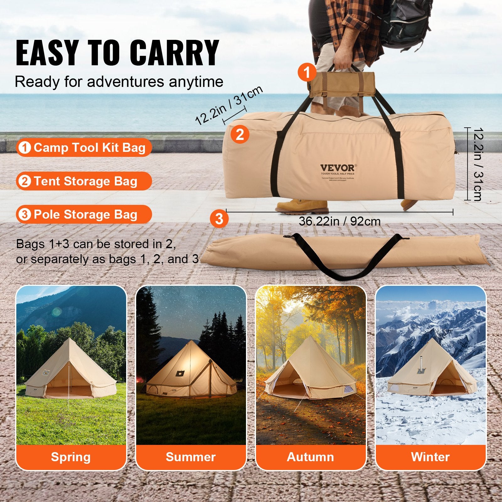 VEVOR Canvas Bell Tent 4m/13.12ft 4-Season Camping Yurt Tent with Stove Jack