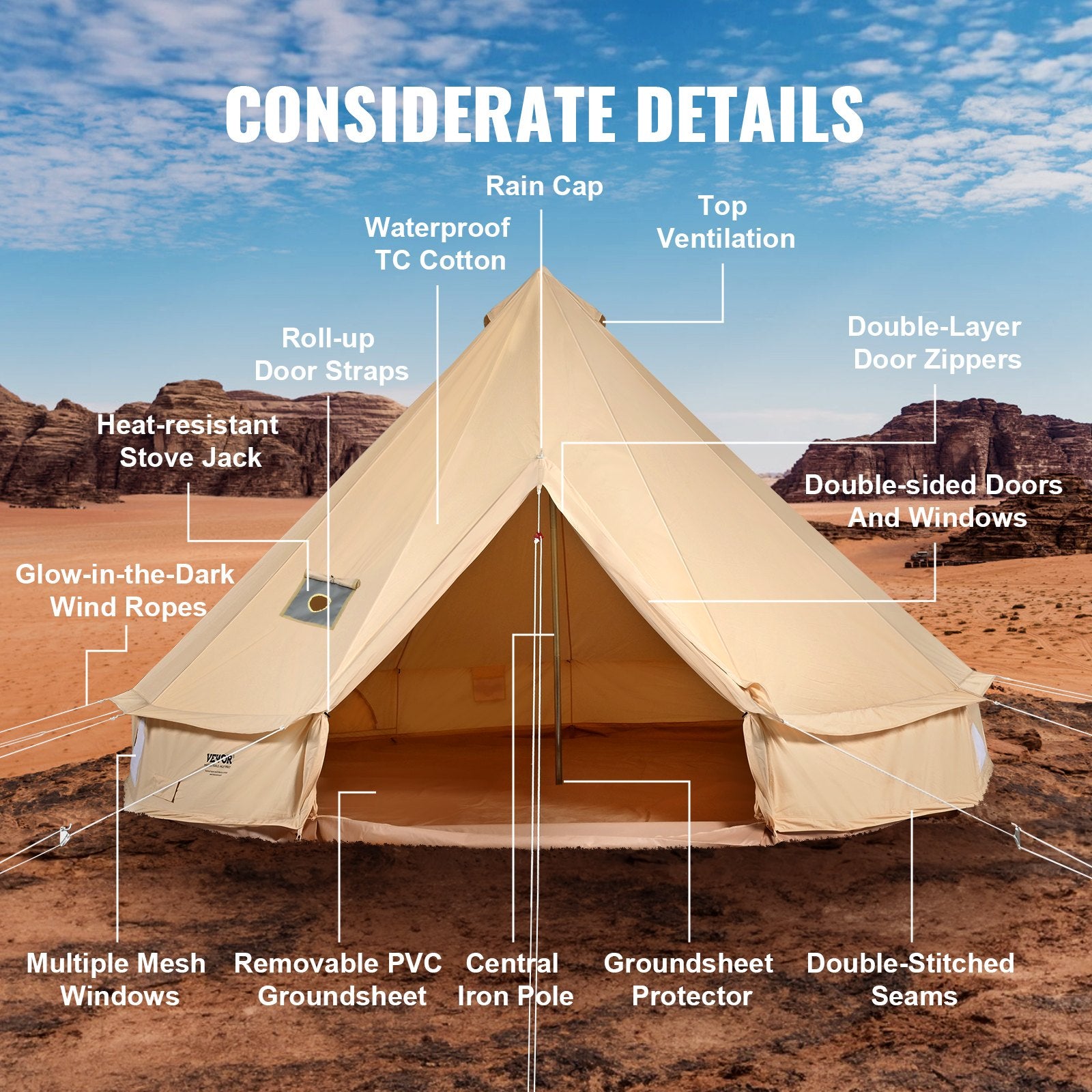 VEVOR Canvas Bell Tent 4m/13.12ft 4-Season Camping Yurt Tent with Stove Jack