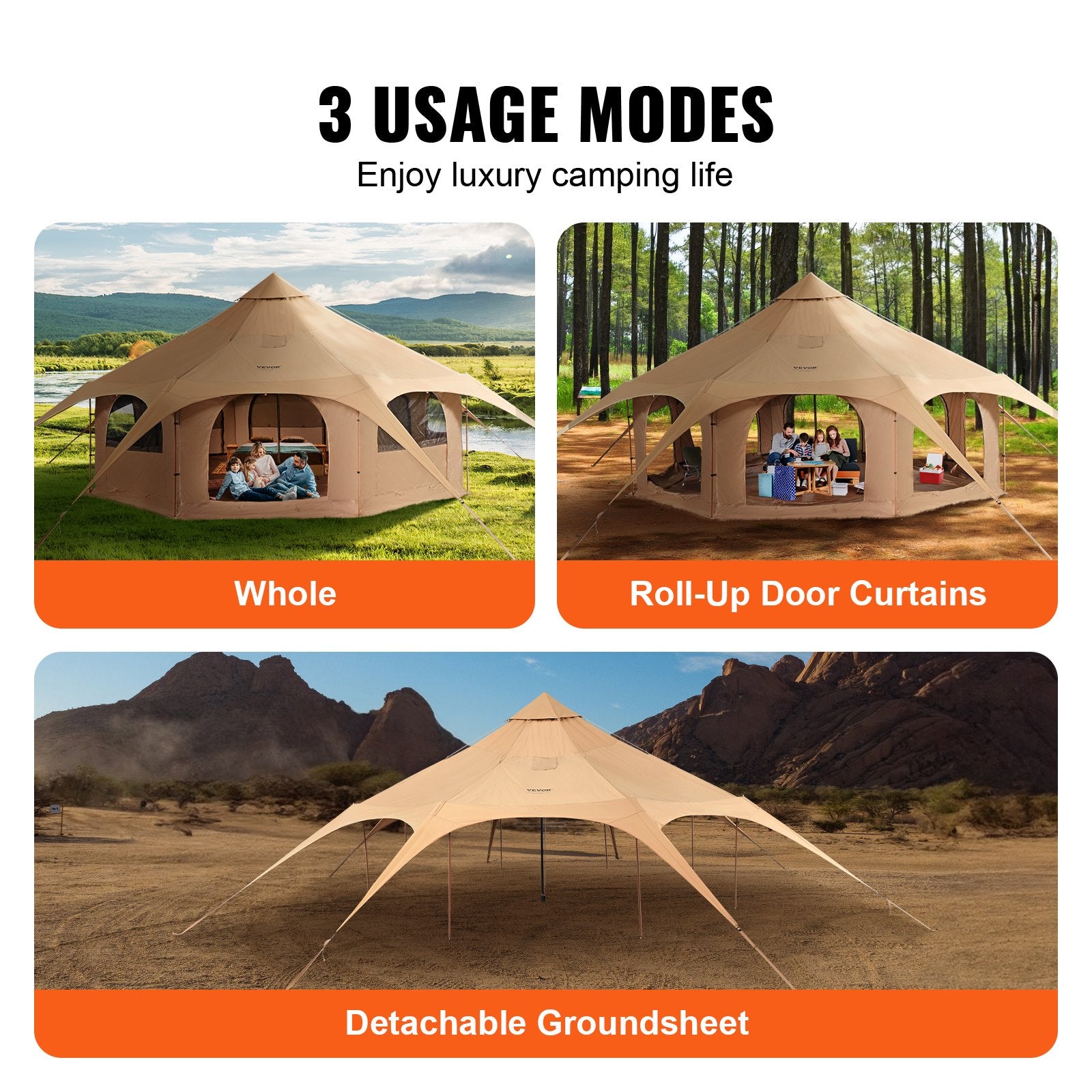 VEVOR Canvas Tent 4 Seasons 5 m/16.4 ft Bell Tent for Camping with Stove Jack