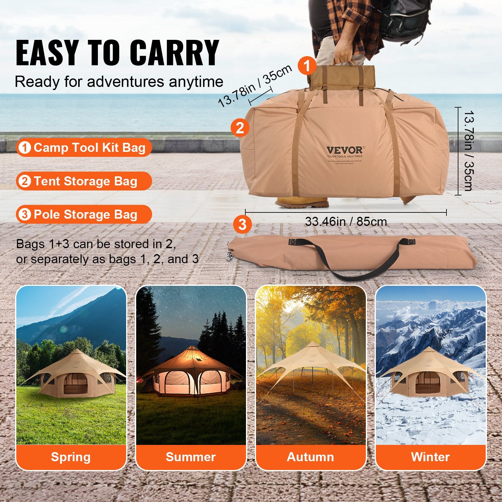 VEVOR Canvas Tent 4 Seasons 5 m/16.4 ft Bell Tent for Camping with Stove Jack