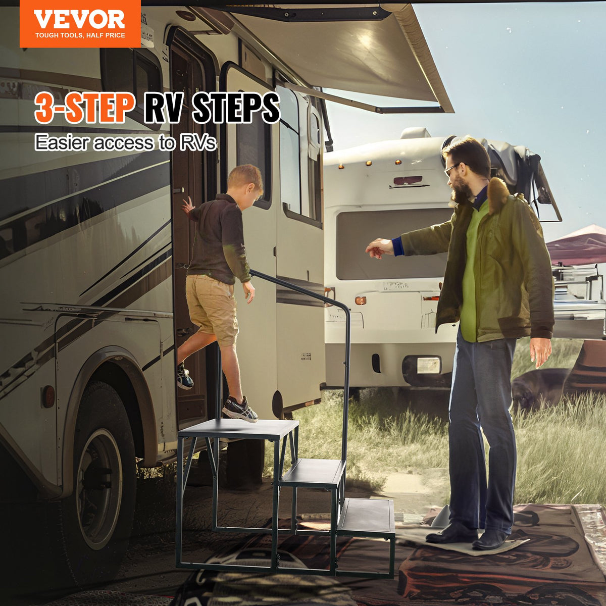 VEVOR RV Steps, 3-Step RV Stairs, 199.58KGS  Load Capacity, Thickened Carbon Steel, With Handrail, Non-Slip Steps for Safe Entry and Exit, Suit for RV, Trailer, Camper Steps
