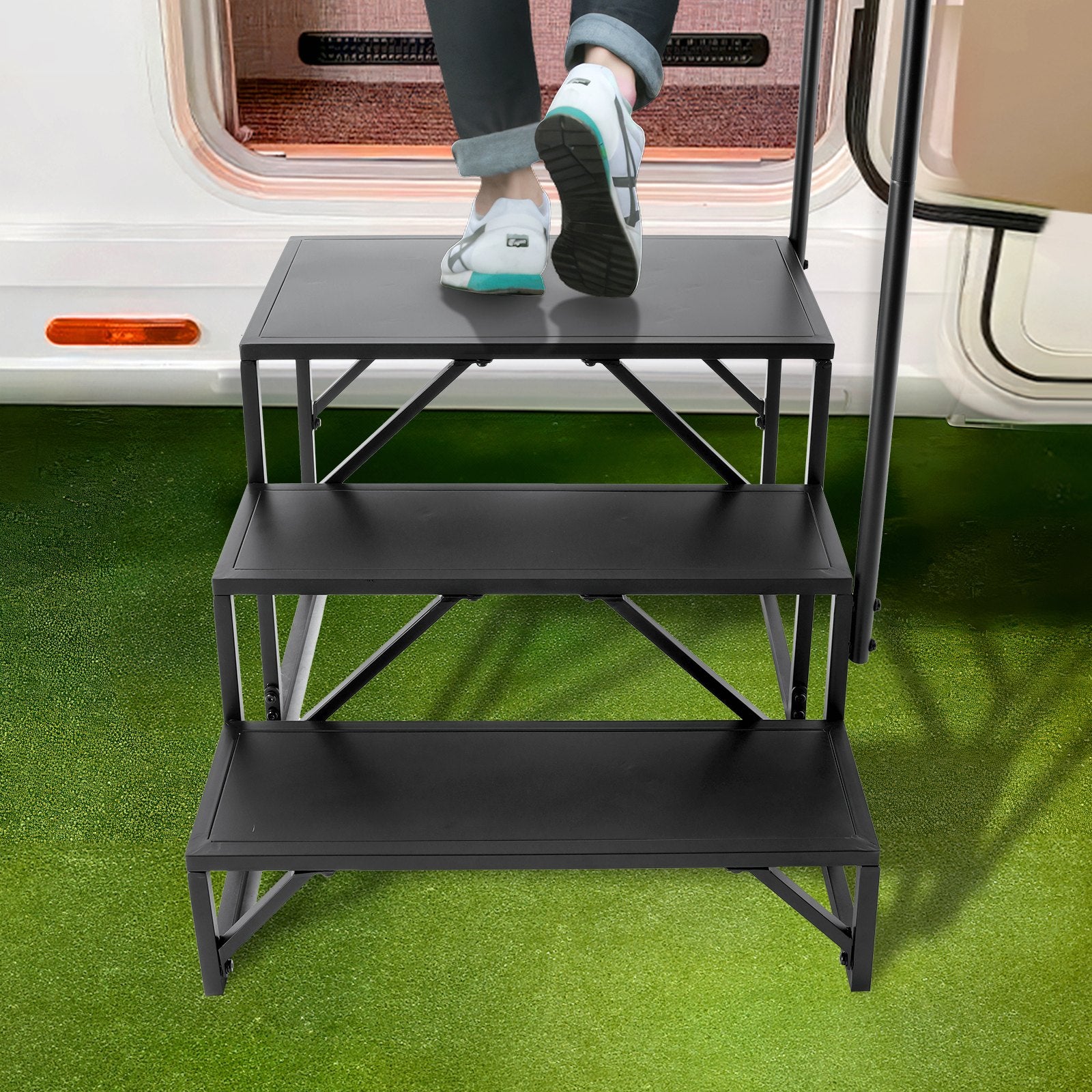 VEVOR RV Steps, 3-Step RV Stairs, 199.58KGS  Load Capacity, Thickened Carbon Steel, With Handrail, Non-Slip Steps for Safe Entry and Exit, Suit for RV, Trailer, Camper Steps