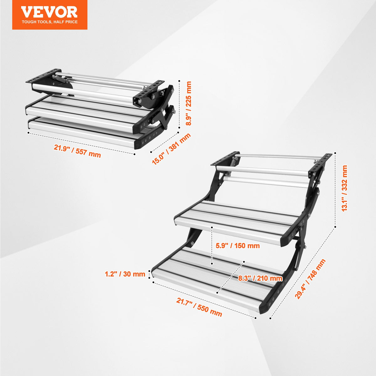 VEVOR RV Steps, 2-Step, Manual Retractable RV Stairs, Foldable, 440 LBS Load Capacity, Aluminum Alloy Steps, Thickened Steel Plate, Non-Slip Steps for Safe Entry and Exit, RV, Trailer, Camper Steps