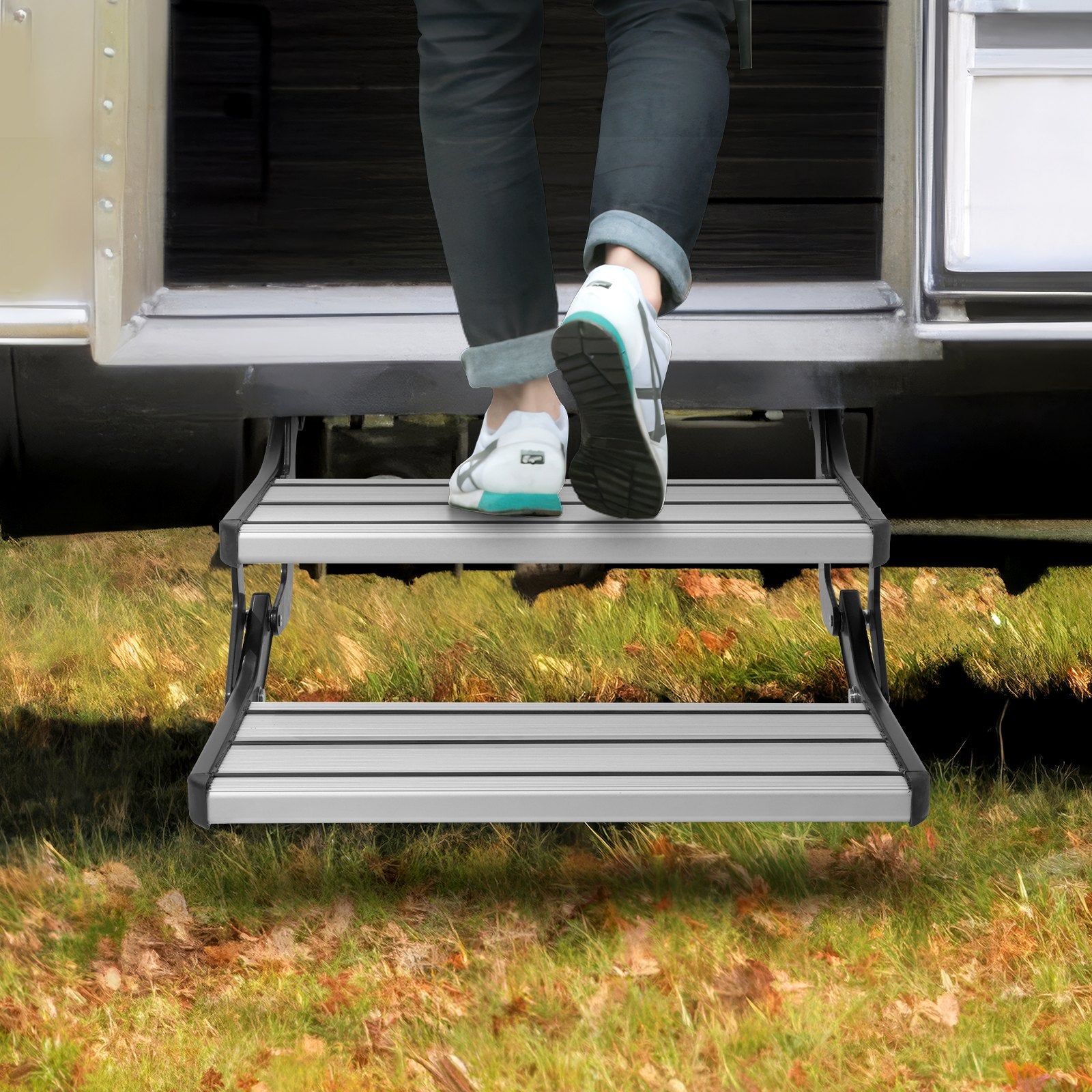 VEVOR RV Steps, 2-Step, Manual Retractable RV Stairs, Foldable, 440 LBS Load Capacity, Aluminum Alloy Steps, Thickened Steel Plate, Non-Slip Steps for Safe Entry and Exit, RV, Trailer, Camper Steps
