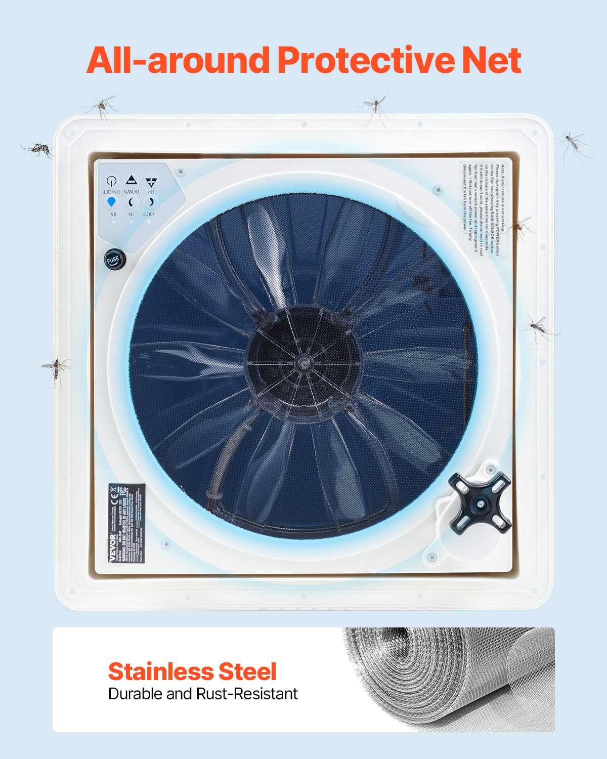 VEVOR RV Vent Roof Fan 355.6 mm 10-Speed Reversible with Remote Control