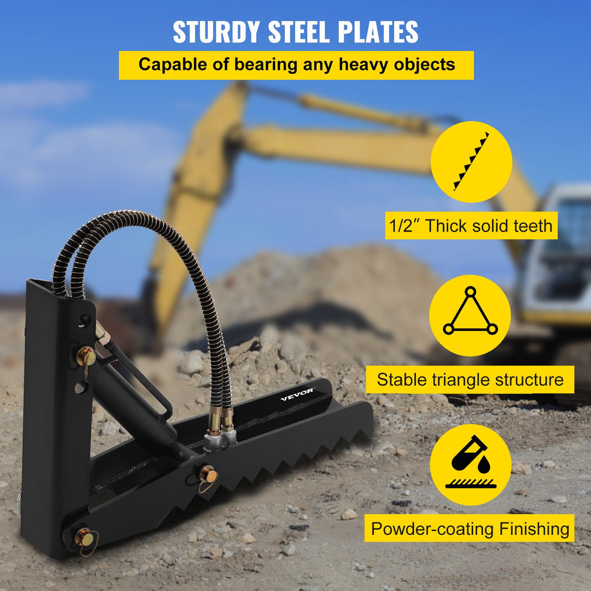 VEVOR 61cm Hydraulic Backhoe Excavator Thumb Attachments Weld On 1.27cm Teeth Thick Steel Plate Assembly 12MM Bolt-On Design with Hydraulic Cylinder