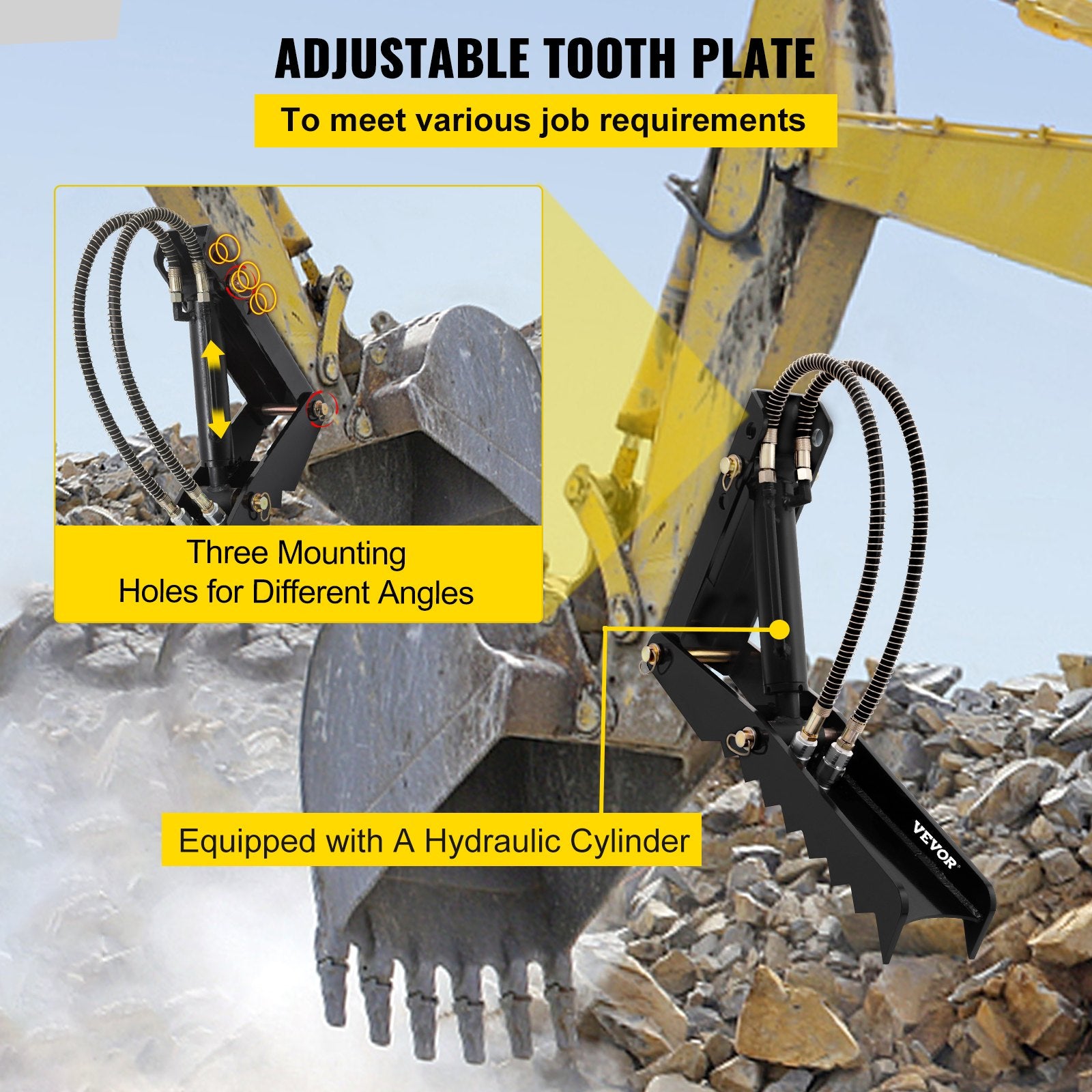 VEVOR 61cm Hydraulic Backhoe Excavator Thumb Attachments Weld On 1.27cm Teeth Thick Steel Plate Assembly 12MM Bolt-On Design with Hydraulic Cylinder
