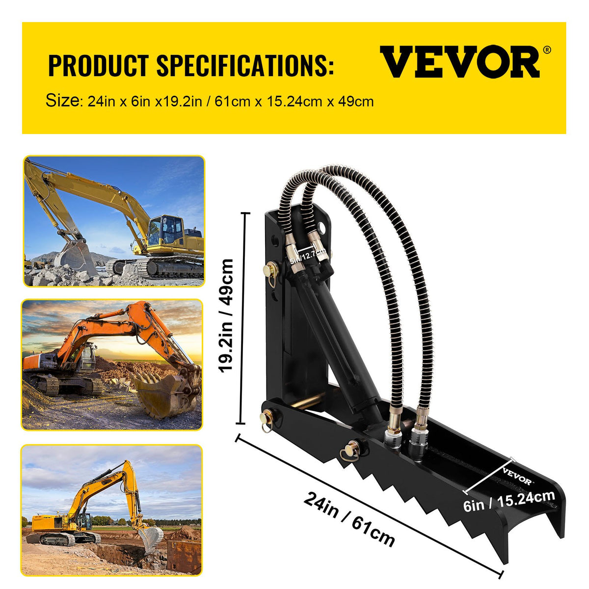 VEVOR 61cm Hydraulic Backhoe Excavator Thumb Attachments Weld On 1.27cm Teeth Thick Steel Plate Assembly 12MM Bolt-On Design with Hydraulic Cylinder