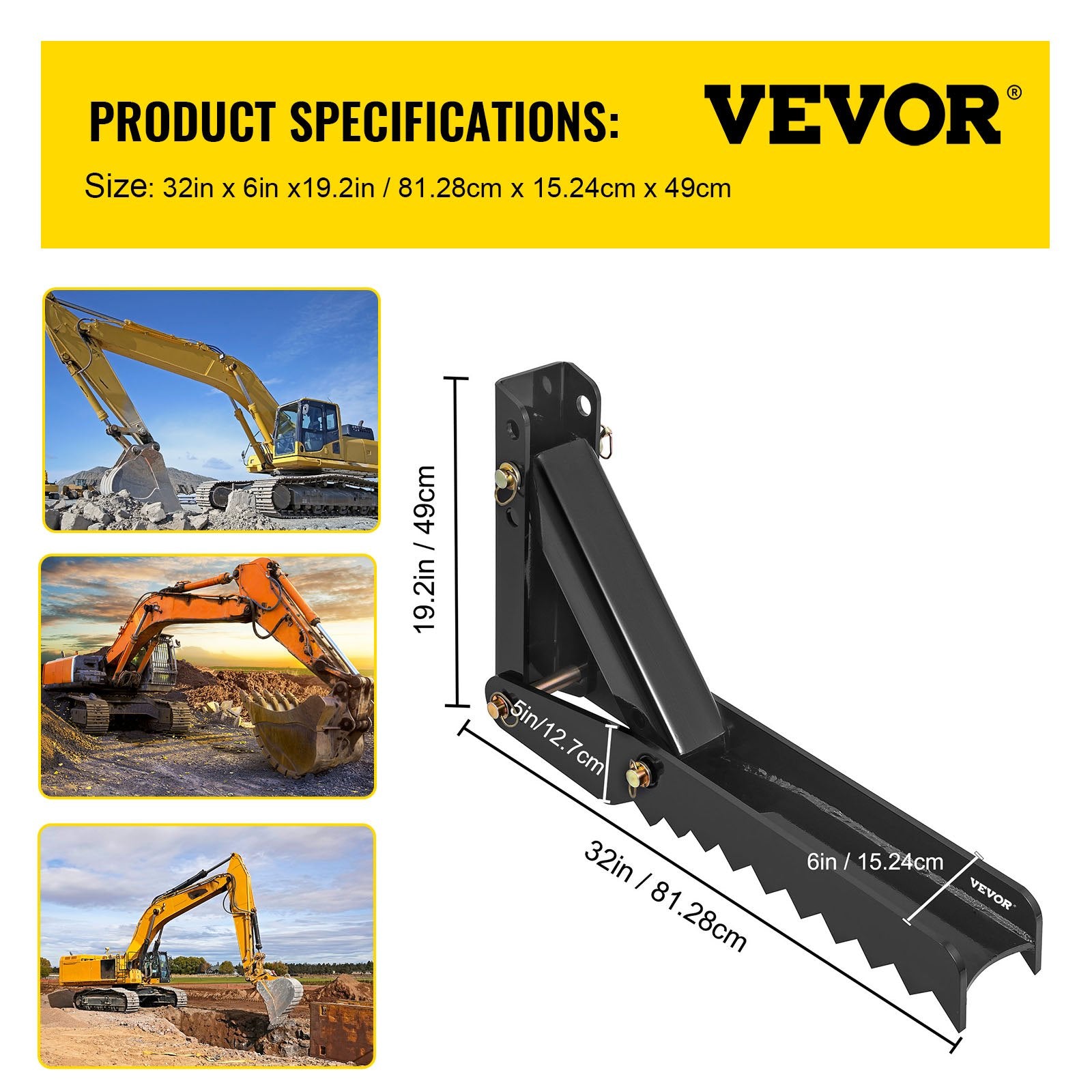 VEVOR 32 inch Backhoe Excavator Thumb Attachments Weld On Adjustable Boom Tractor Excavator 1/2Inch Teeth Thick Steel Plate Assembly 12MM Bolt-On Design