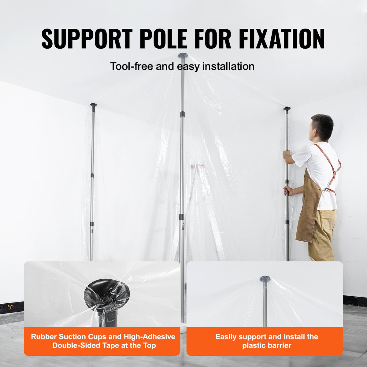 VEVOR Dust Barrier Poles, 10 Ft Barrier Poles, Dust Barrier System with 4 Telescoping Poles, Magnetic Zipper, Carry Bag and 32.8x13.12 Ft Plastic Film, for Interior Decoration, Painting