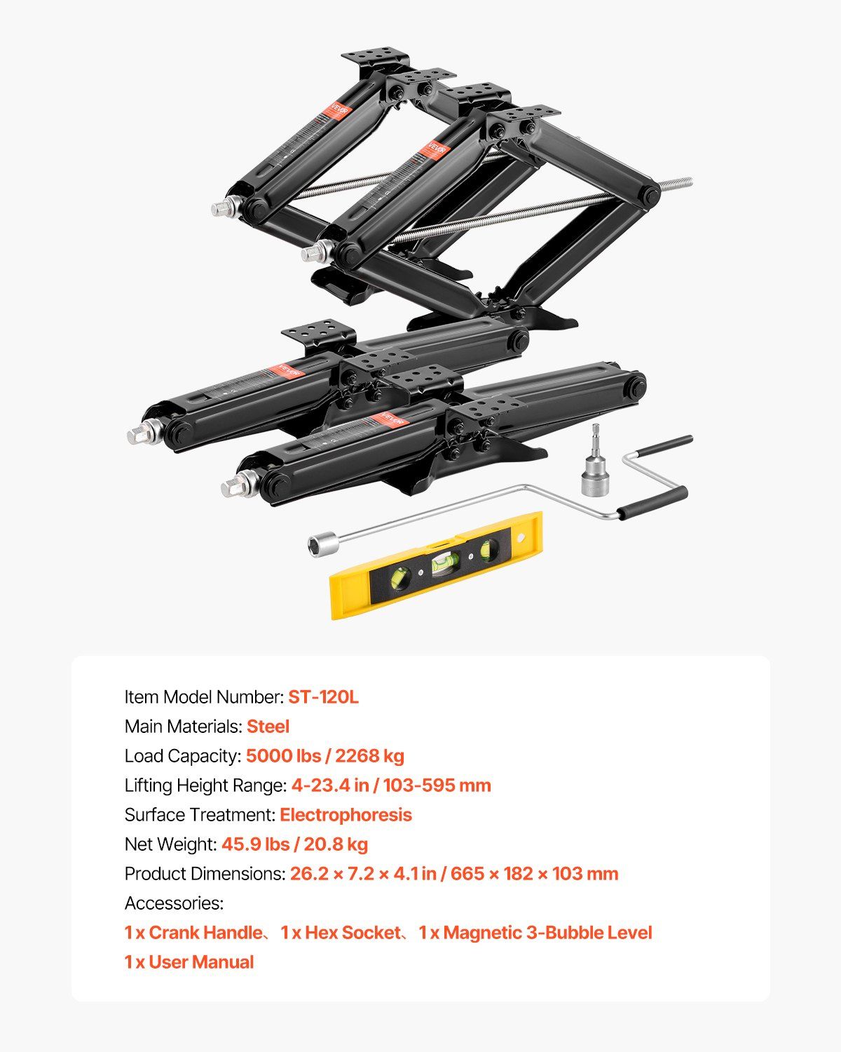 2268 kg RV Scissor Jacks, 10.3-59.5 cm RV Stabilizer Leveling Scissor Jacks, Set of 4, Heavy Duty Stabilizer Jack with Crank Handle, Socket and Bubble Levels, Not Easily Bent or Deformed