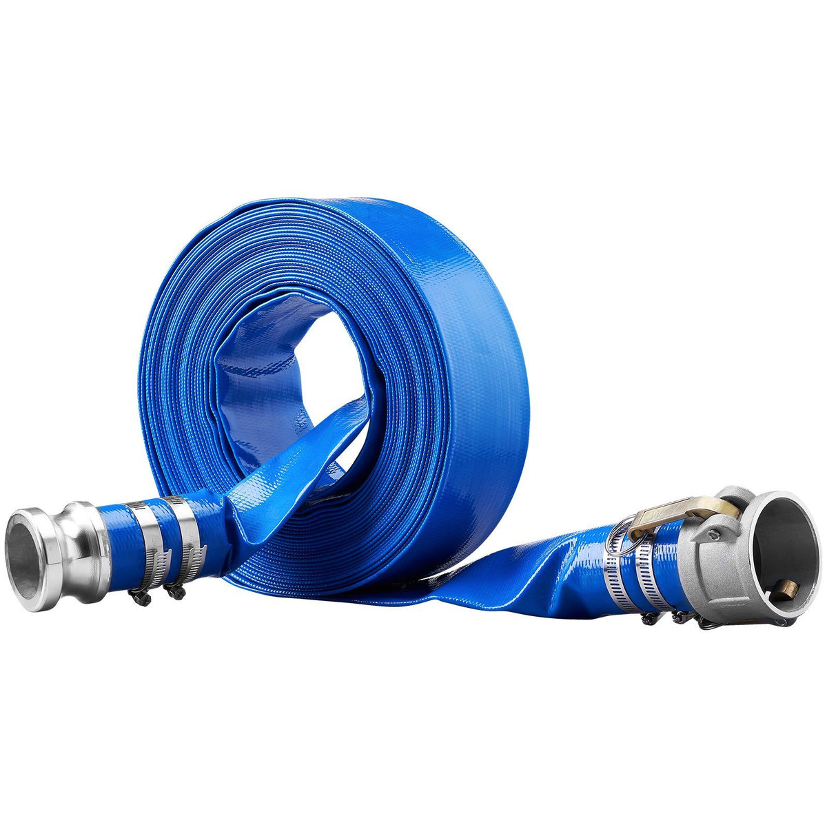 Backwash Hose, 2 in x 50 ft, Heavy-Duty PVC Flat Pool Discharge Hose with Aluminum Camlock C &amp; E Fittings, Clamps, Compatible with Pumps, Sand Filters, for Swimming Pools Waste Water Drain, Blue