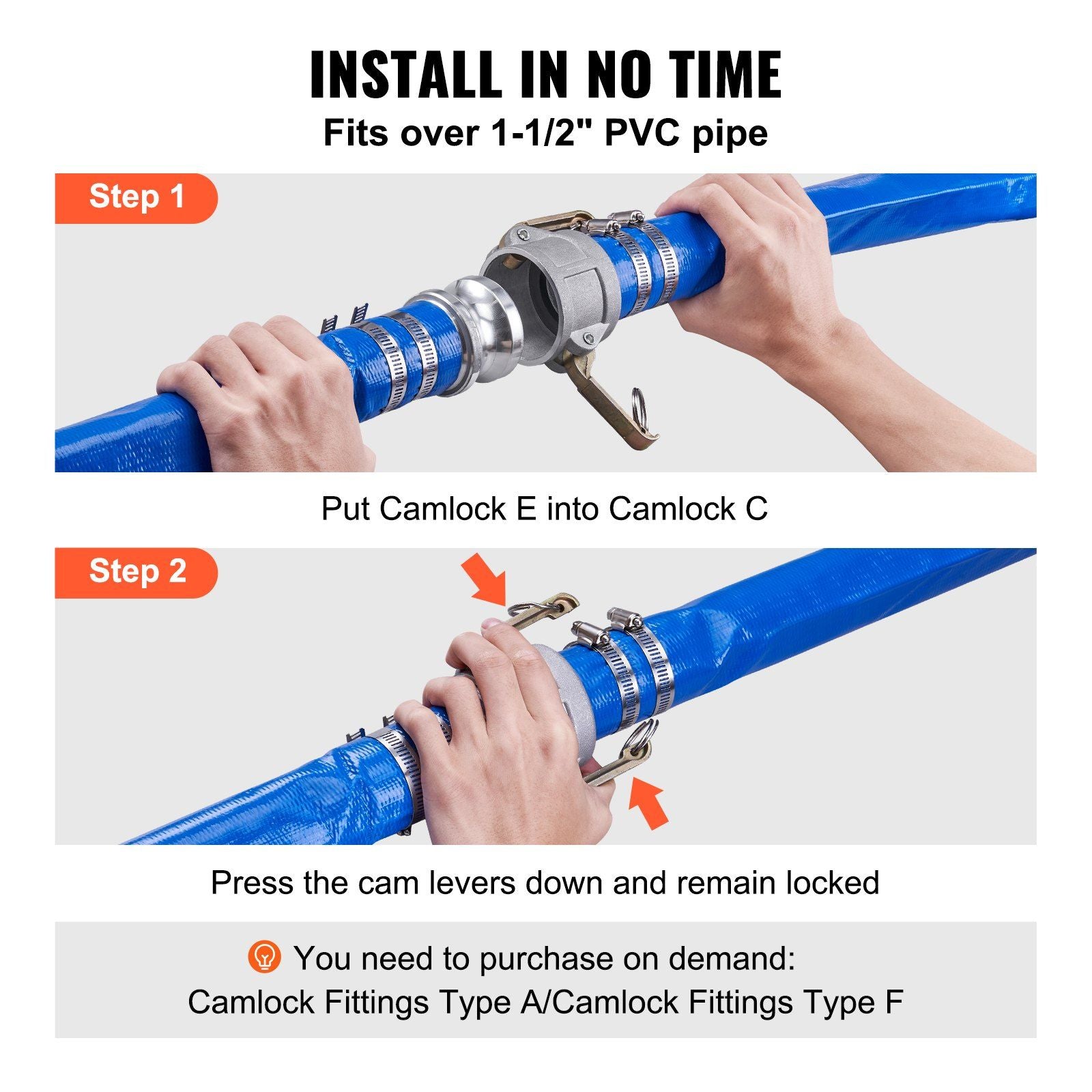Backwash Hose, 2 in x 50 ft, Heavy-Duty PVC Flat Pool Discharge Hose with Aluminum Camlock C & E Fittings, Clamps, Compatible with Pumps, Sand Filters, for Swimming Pools Waste Water Drain, Blue