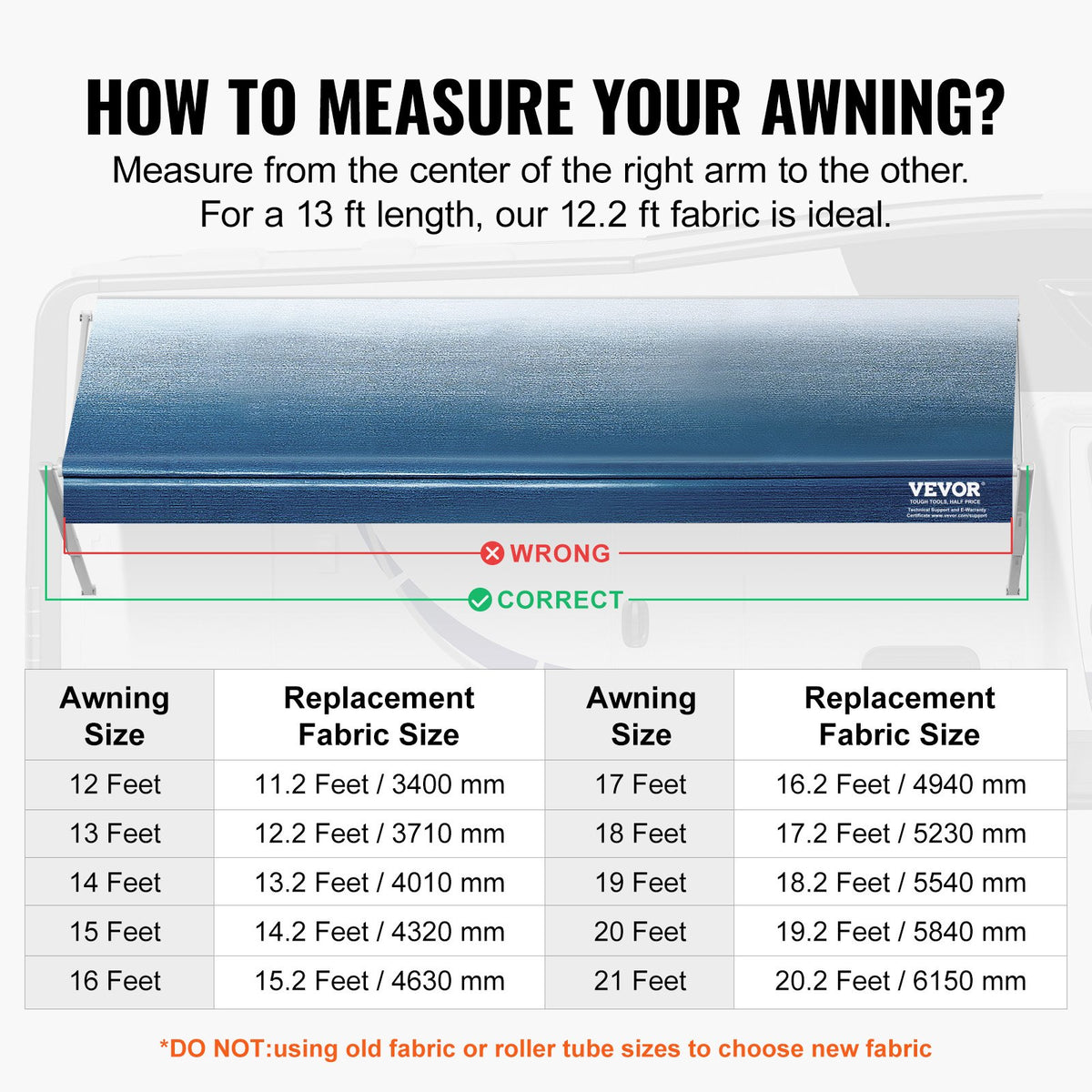 VEVOR RV Awning Fabric Replacement, 3.72m Fabric Length for 3.96mAwning, Heavy Duty 3-Ply 16oz PVC Camper Awning Fabric, Waterproof & UV Protection Outdoor Canopy for RV, Trailer, Motorhome, Blue Fade