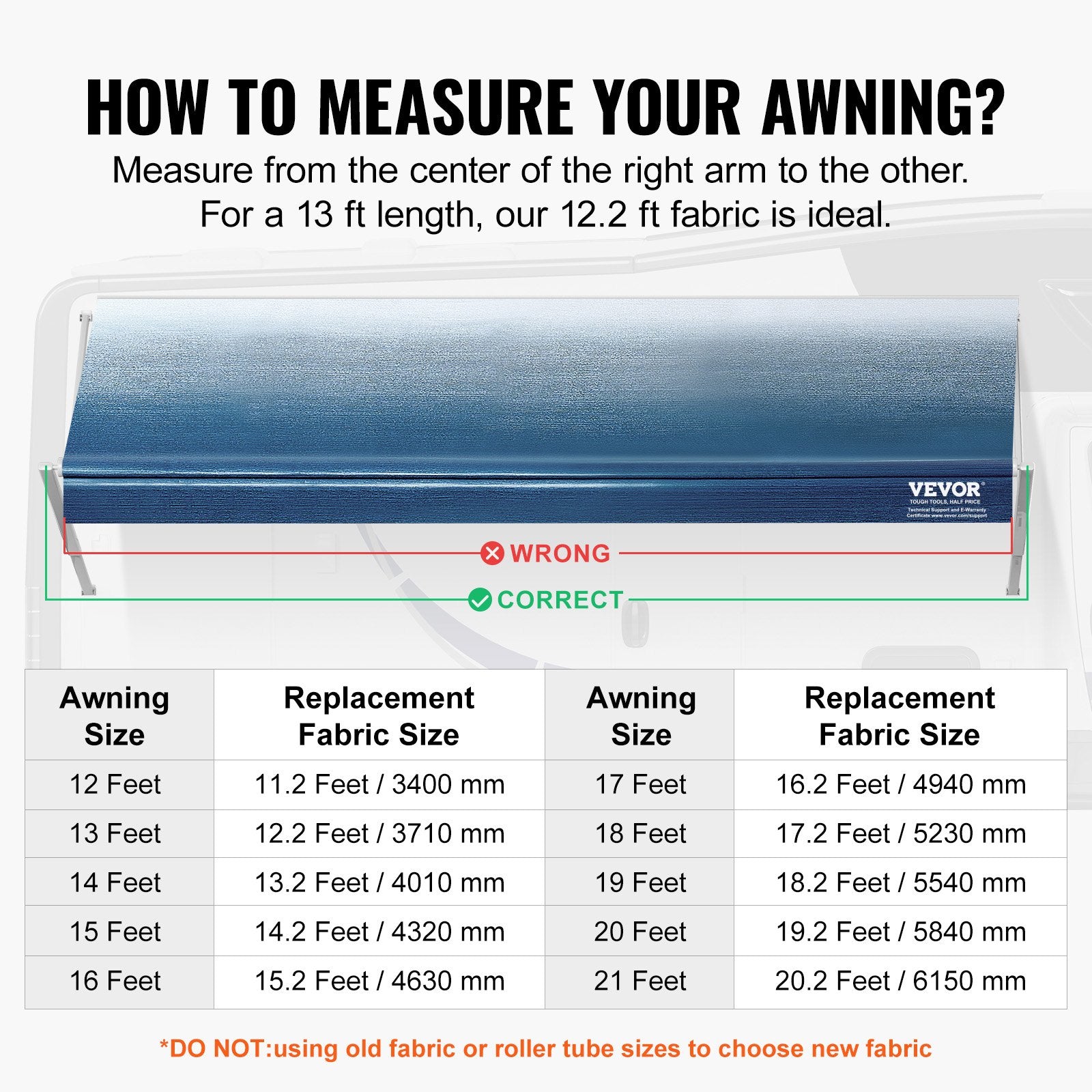 VEVOR RV Awning Fabric Replacement, 3.72m Fabric Length for 3.96mAwning, Heavy Duty 3-Ply 16oz PVC Camper Awning Fabric, Waterproof & UV Protection Outdoor Canopy for RV, Trailer, Motorhome, Blue Fade