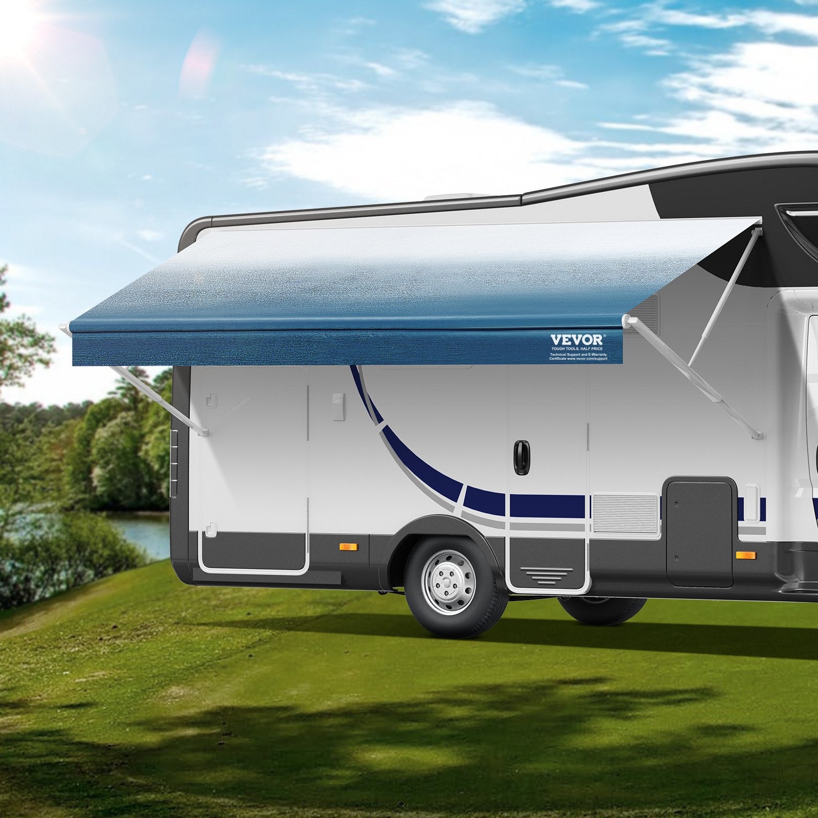 VEVOR RV Awning Fabric Replacement, 3.72m Fabric Length for 3.96mAwning, Heavy Duty 3-Ply 16oz PVC Camper Awning Fabric, Waterproof & UV Protection Outdoor Canopy for RV, Trailer, Motorhome, Blue Fade