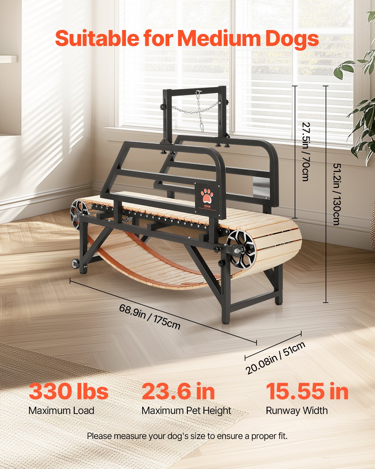 VEVOR Dog Treadmill for Medium Dogs, 330lbs Weight Capacity, Dog Running Machine with Adjustable Ramps, 15.5" Runway Dog Pacer Slatmill, Pet Treadmill Exercise Equipment for Indoor & Outdoor Exercise