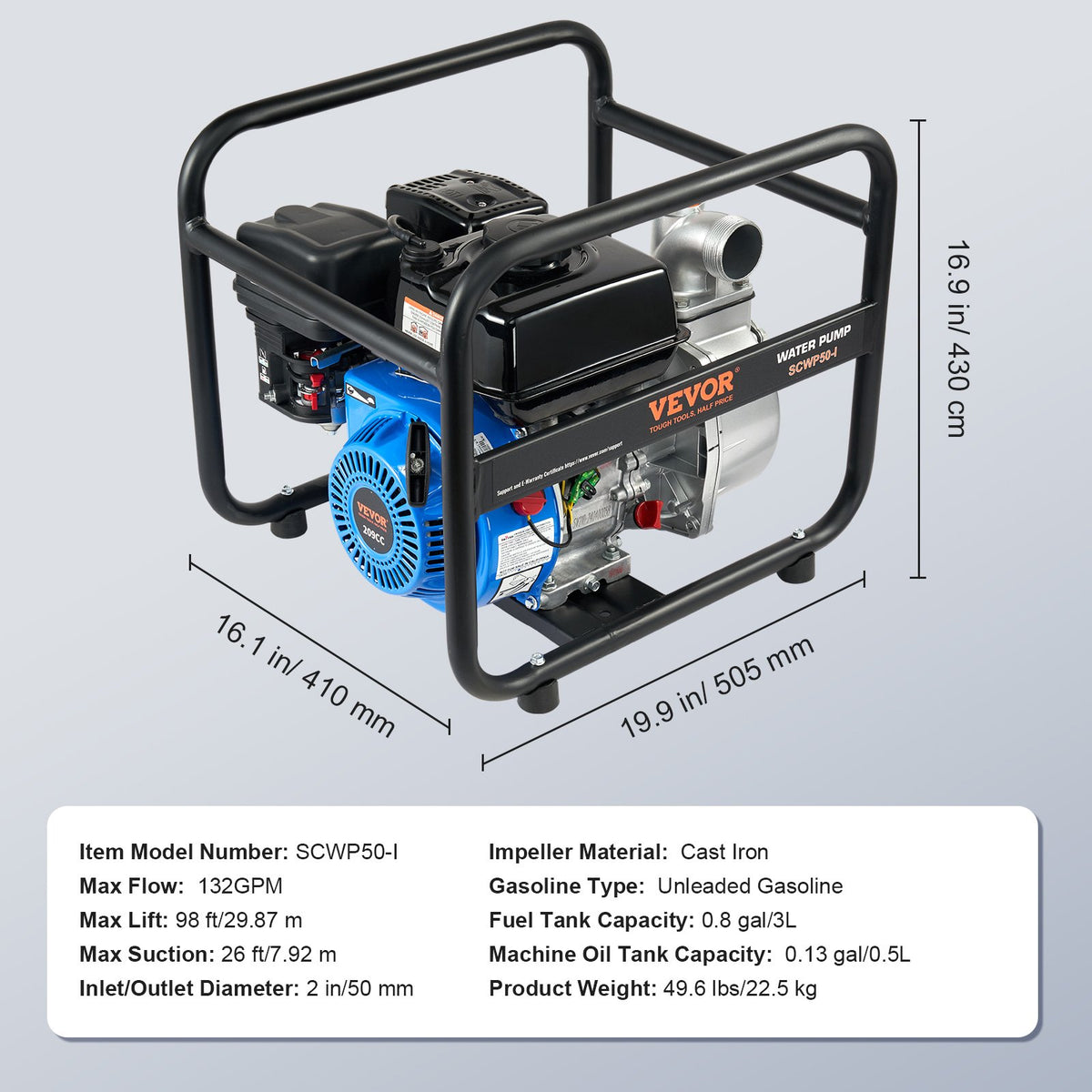 VEVOR Gasoline Engine Water Pump Gas Powered Transfer Pump 50 mm 6.5HP 4-Stroke