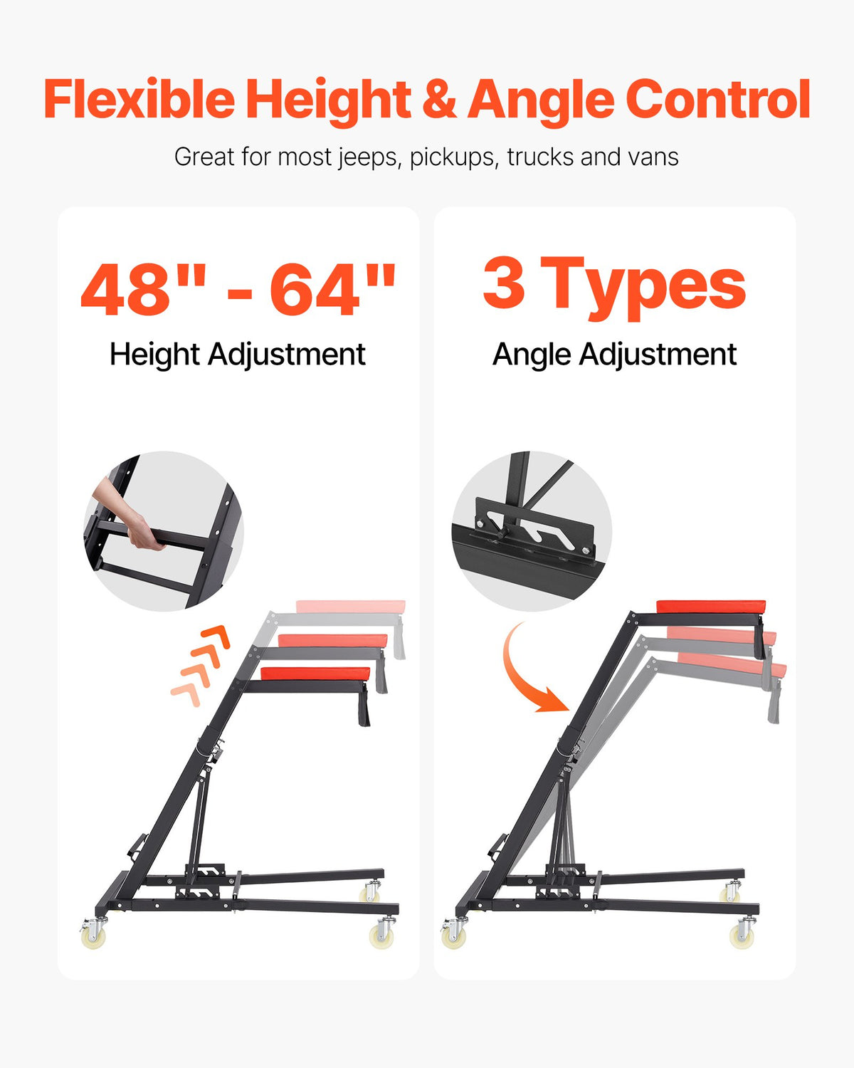 VEVOR Automotive Topside Creeper, Engine Creeper 42.5"-64.8", 181.44KGS Capacity High Top Creeper, 4 Swivel Caster Wheels, Padded Deck,  Creeper for Home Garage, Workshop Repair Maintenance