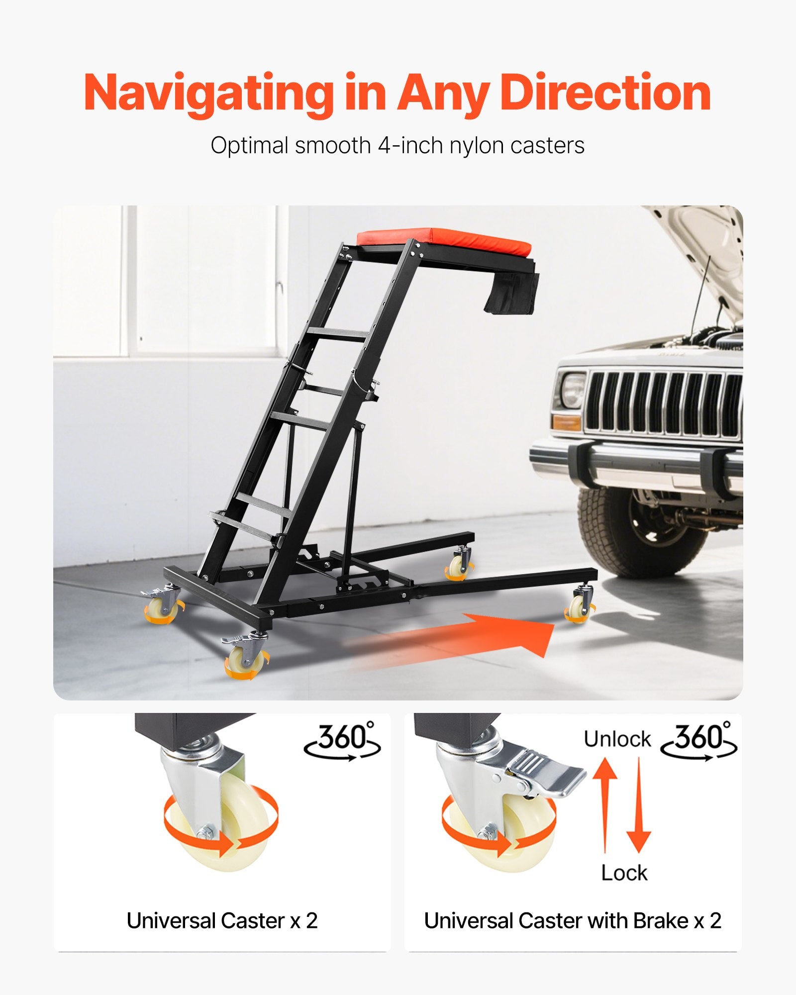 VEVOR Automotive Topside Creeper, Engine Creeper 42.5"-64.8", 181.44KGS Capacity High Top Creeper, 4 Swivel Caster Wheels, Padded Deck,  Creeper for Home Garage, Workshop Repair Maintenance