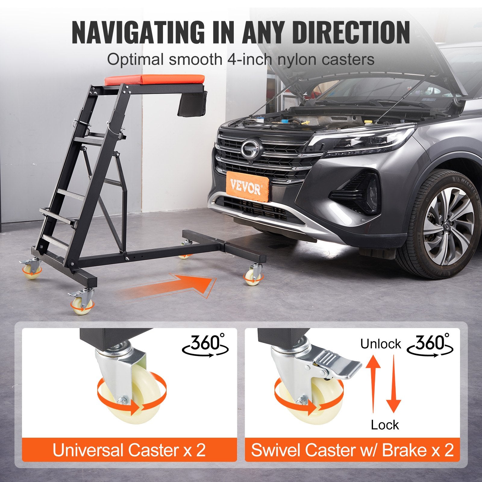 VEVOR Automotive Topside Creeper, with Adjustable Height 49.6" to 75.6", 181.44KGS Capacity High Creeper, 4 Swivel Caster Wheels, Heavy Duty Foldable Creeper for Auto Repair and Maintenance