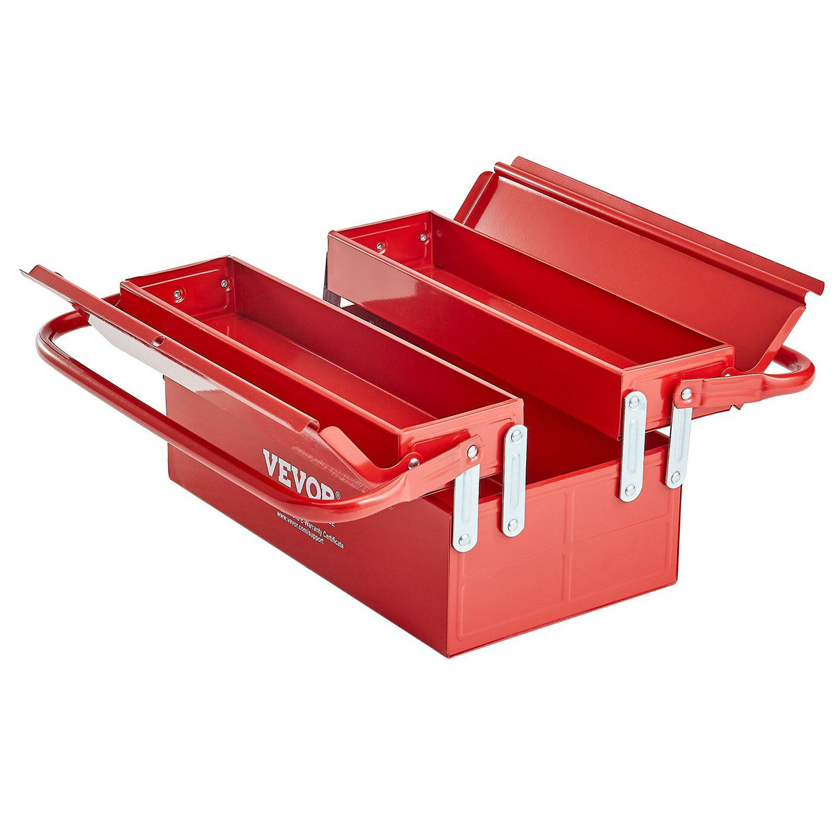 Metal Tool Box, 14-inch, 2-Tier 3-Tray Portable Folding Tool Chest Organizer with Handle &amp; Lock Hole, Powder Coated Steel, Cantilever Toolbox for Household Factory Warehouse Repair Shop, Red
