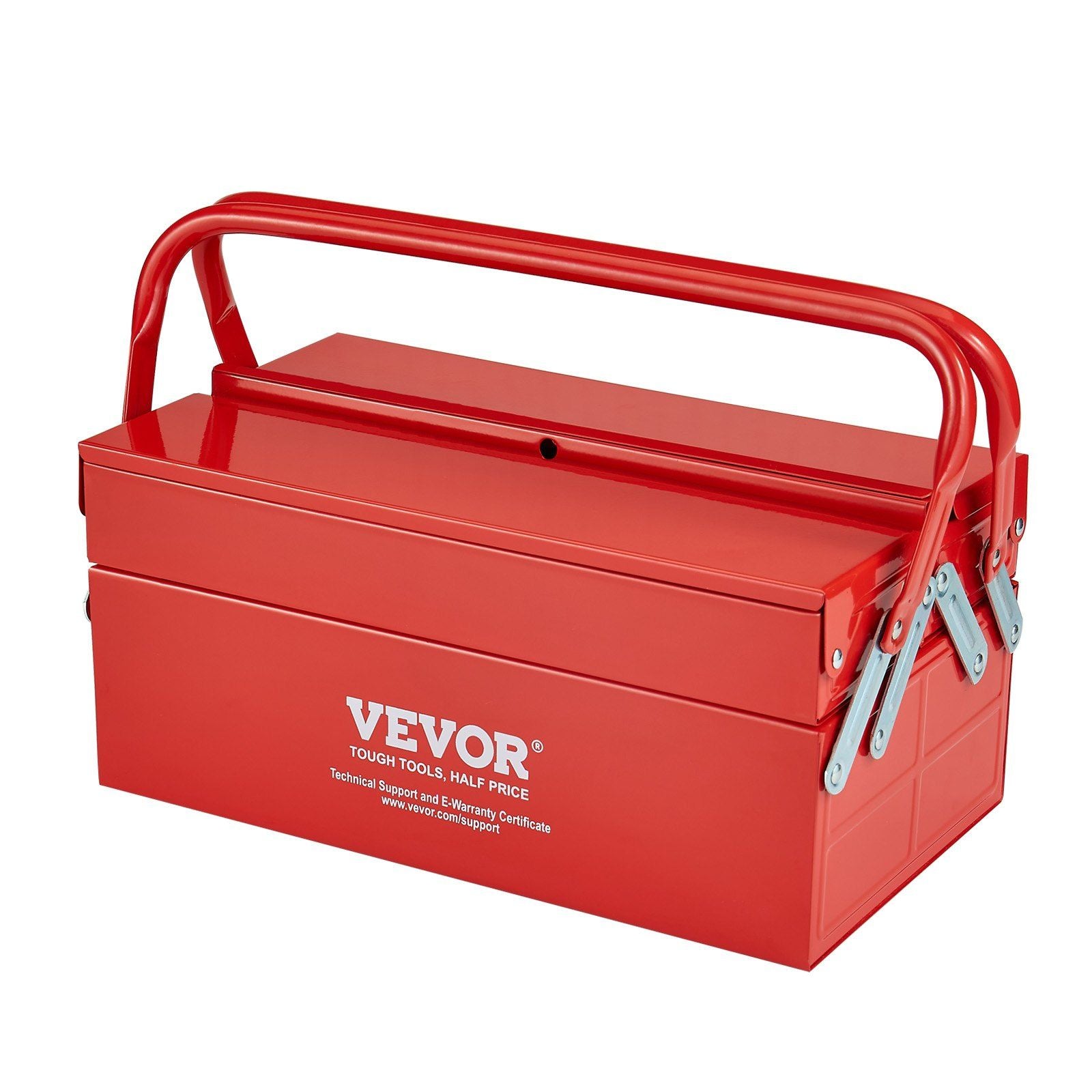 Metal Tool Box, 14-inch, 2-Tier 3-Tray Portable Folding Tool Chest Organizer with Handle & Lock Hole, Powder Coated Steel, Cantilever Toolbox for Household Factory Warehouse Repair Shop, Red