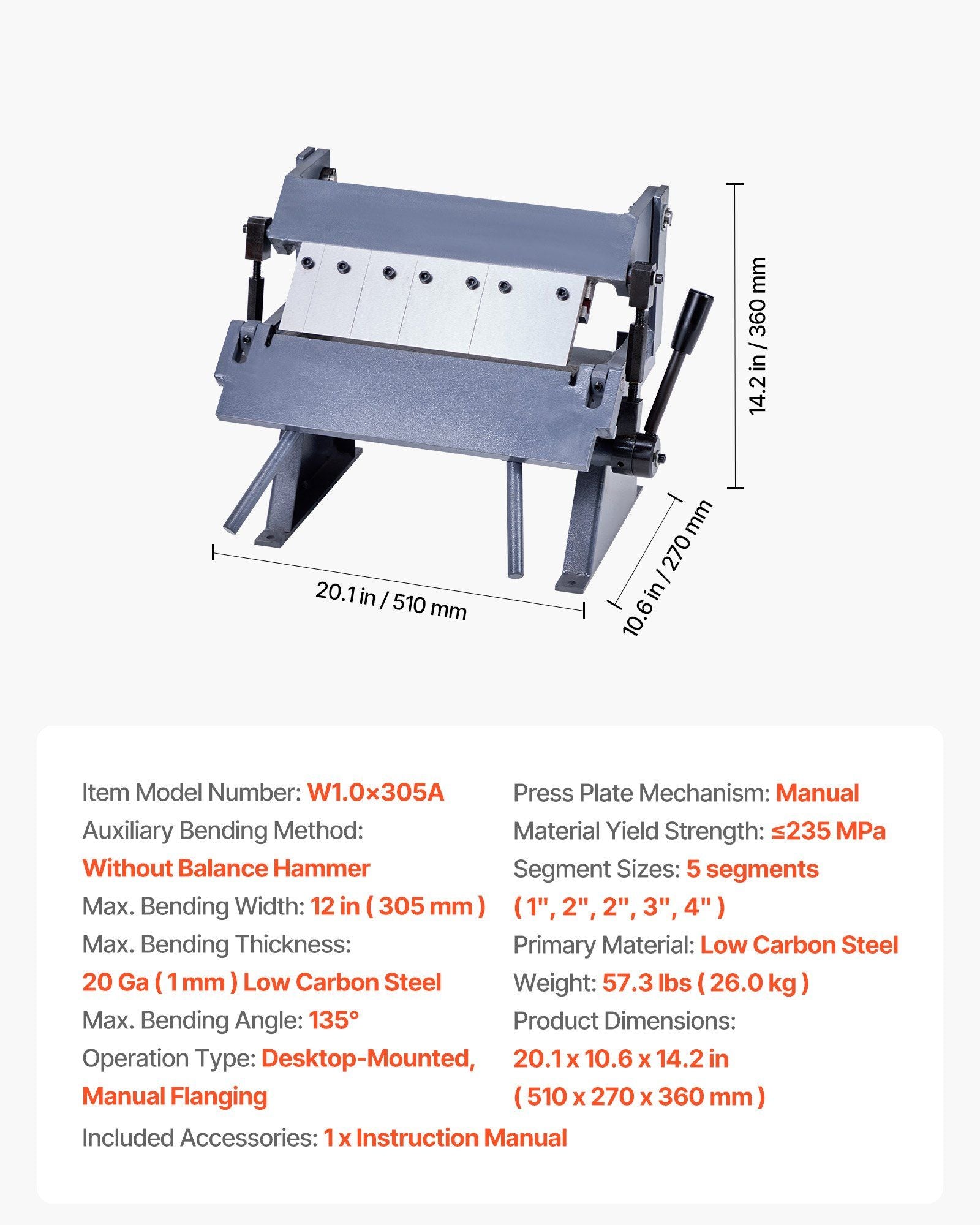 Box and Pan Brake, 305 mm Sheet Metal Bending Brake, 20-Gauge Mild Steel Capacity, 0-135 Degree Adjustable, Metal Bender Machine with 5 Fingers, Heavy-Duty Aluminum Folder for Precise Bending