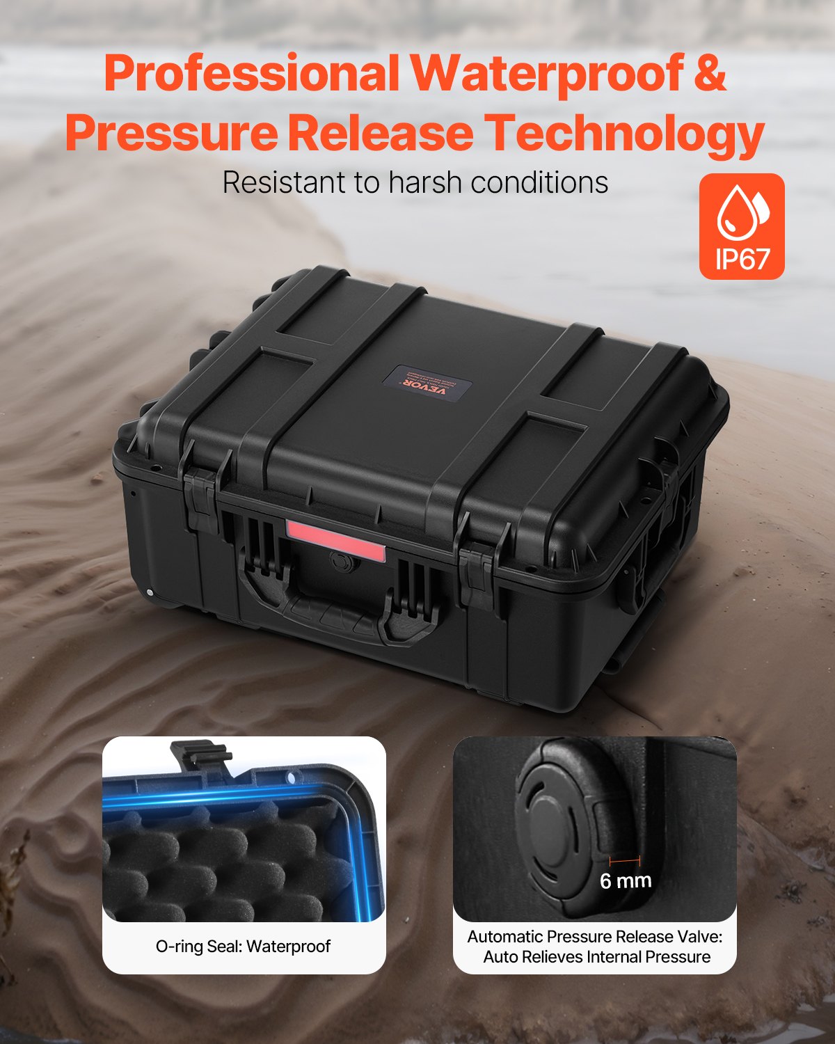 VEVOR 2.5 Cu.ft Weatherproof Hard Case, Waterproof Hard Case with Rolling Wheels and Retractable Pull Handle, IP67 Waterproof Protective Case with 4 Clips, 4 Padlock Holes, and Foam Inserted, Black